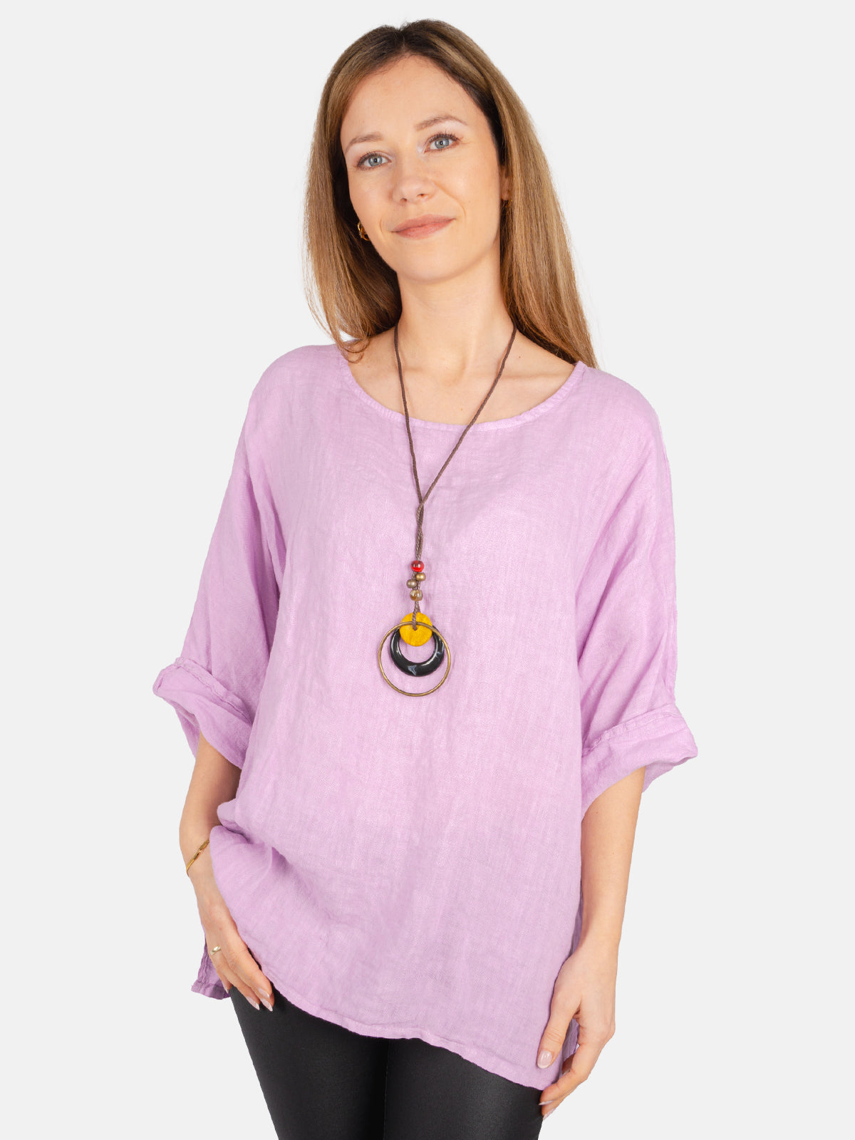 Kurze Leinenbluse mit U Boot Kragen und Kette - Lina