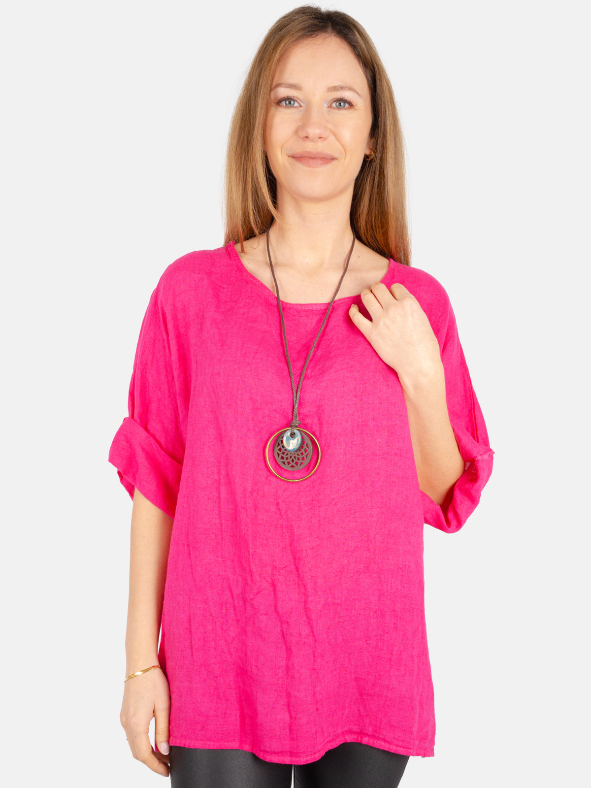 Kurze Leinenbluse mit U Boot Kragen und Kette - Lina