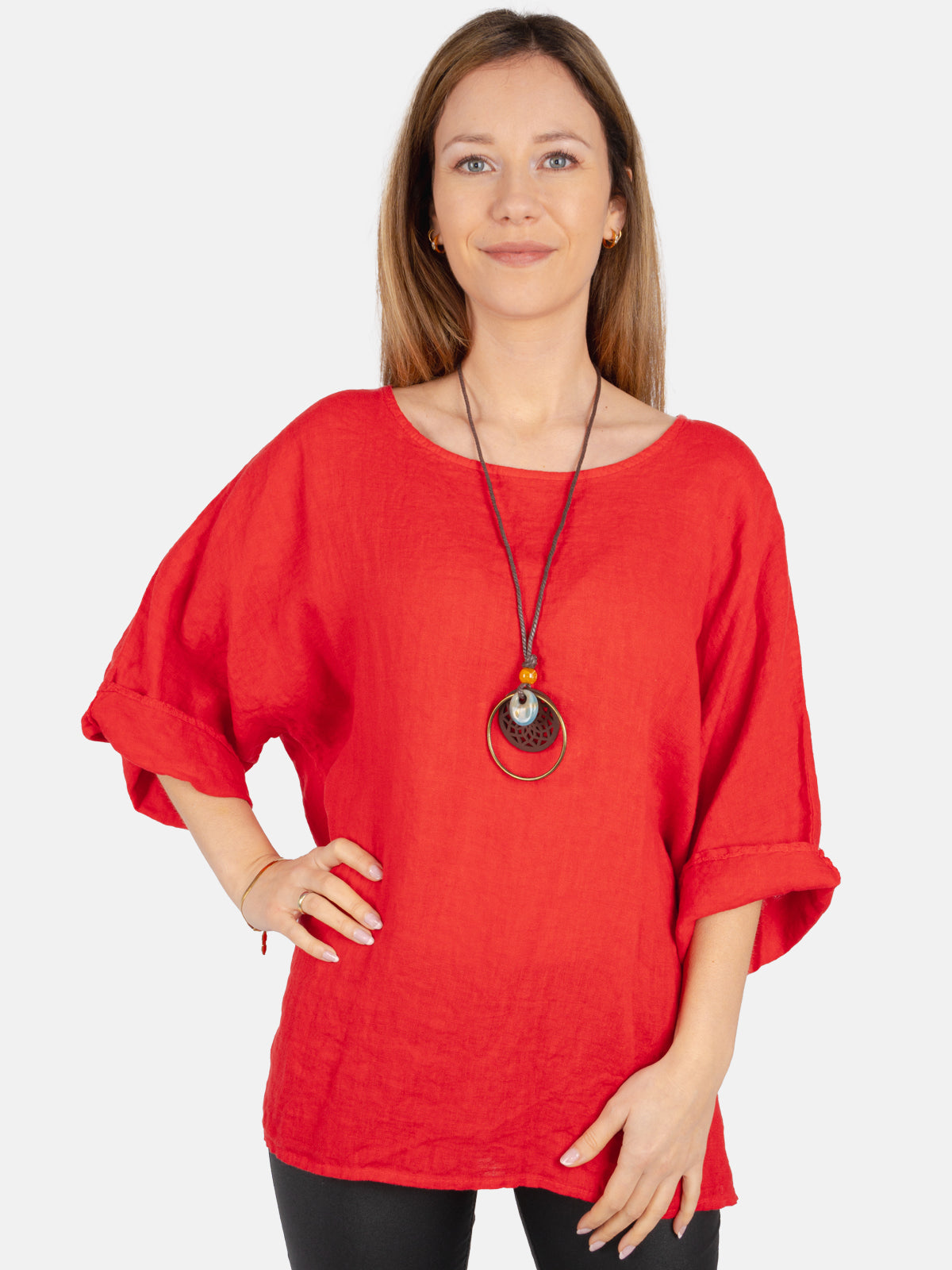 Kurze Leinenbluse mit U Boot Kragen und Kette - Lina