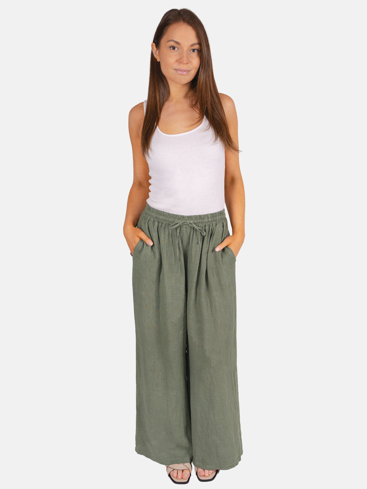 Leinenhose Perla mit Kordelzug in Khaki #Farbe_Khaki