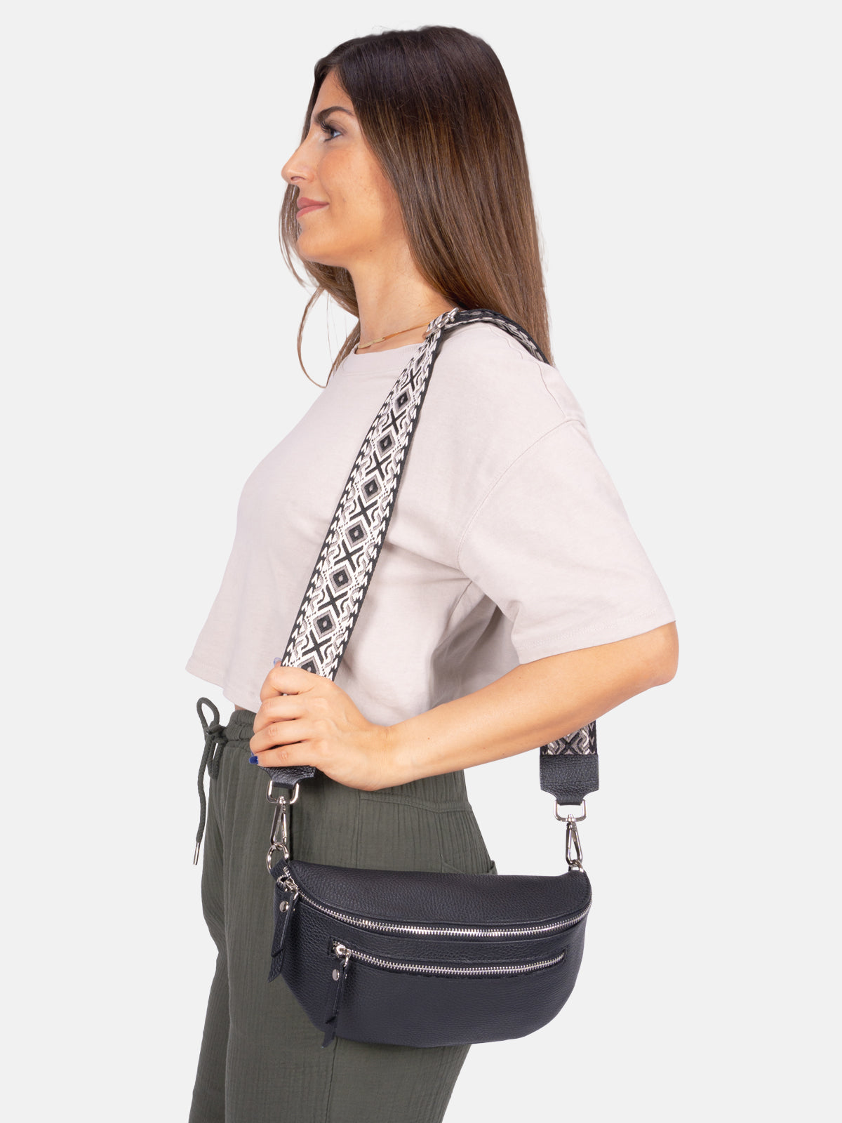 Mittelgroße Crossbody Umhängetasche mit 2 Zipper aus 100% Leder - schwarz 2 - Pia BB