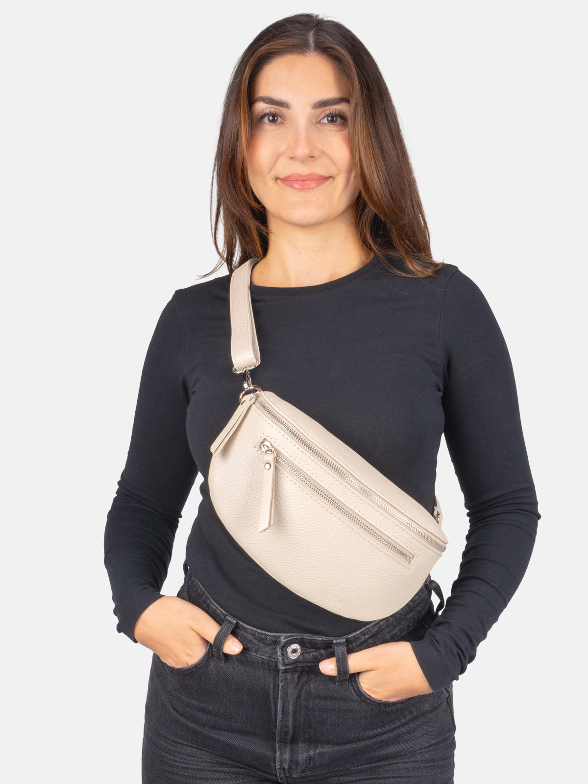 Crossbody Umhängetasche mit 2 Zipper aus 100% Leder - Pia