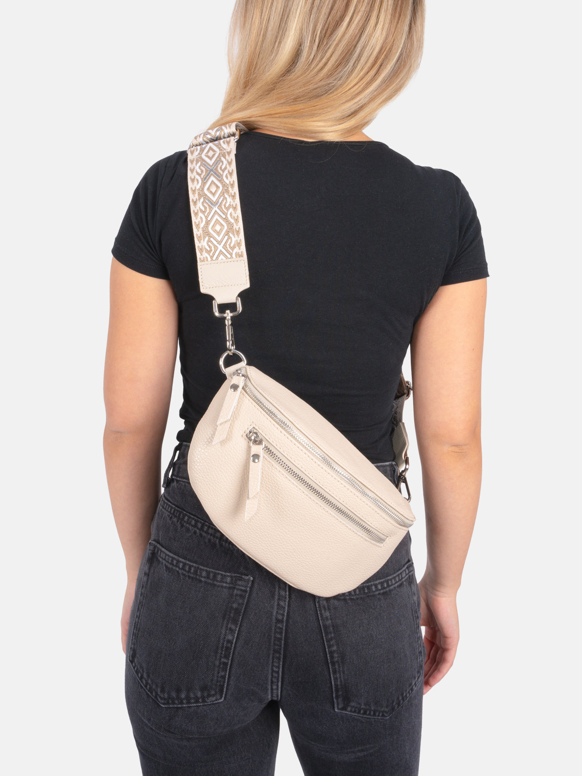 Mittelgroße Crossbody Umhängetasche mit 2 Zipper aus 100% Leder - creme 2 - Pia FF