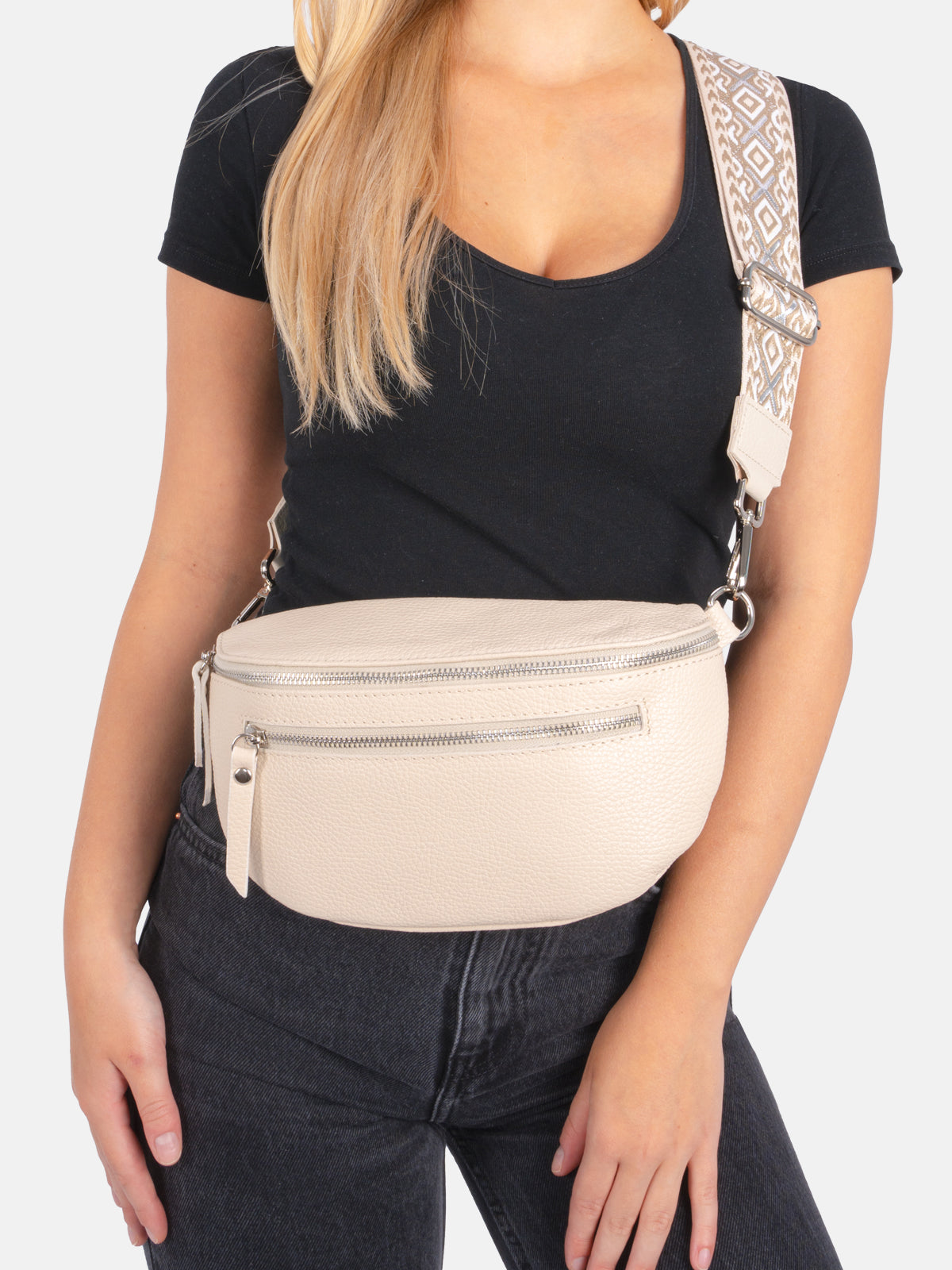 Mittelgroße Crossbody Umhängetasche mit 2 Zipper aus 100% Leder - creme 2 - Pia FF