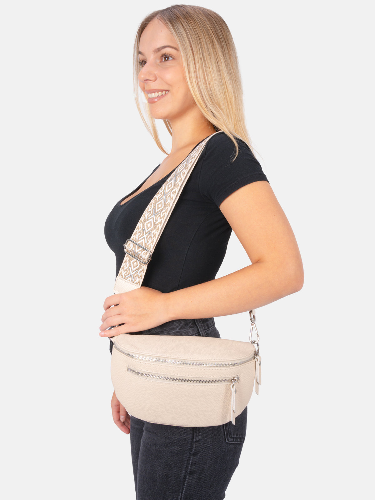 Mittelgroße Crossbody Umhängetasche mit 2 Zipper aus 100% Leder - creme 2 - Pia FF