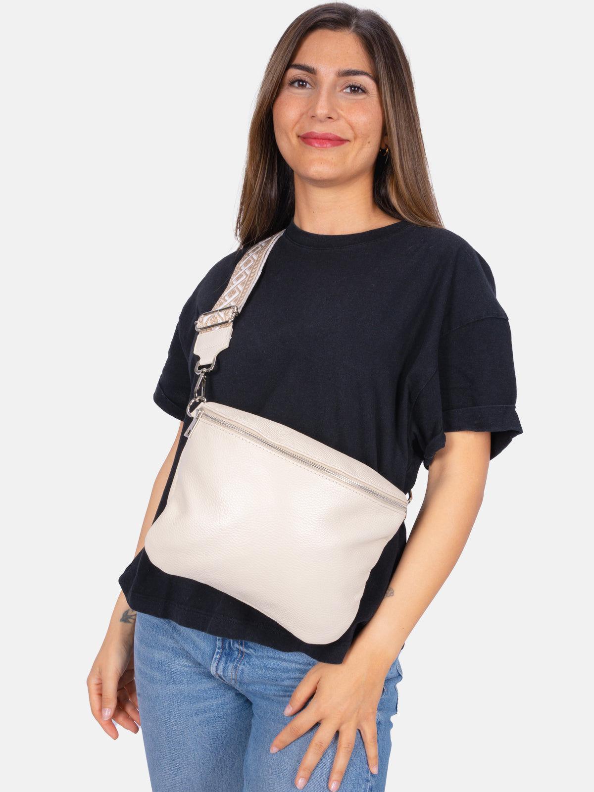 Große Umhängetasche Crossbody aus 100% Leder - creme - Rona