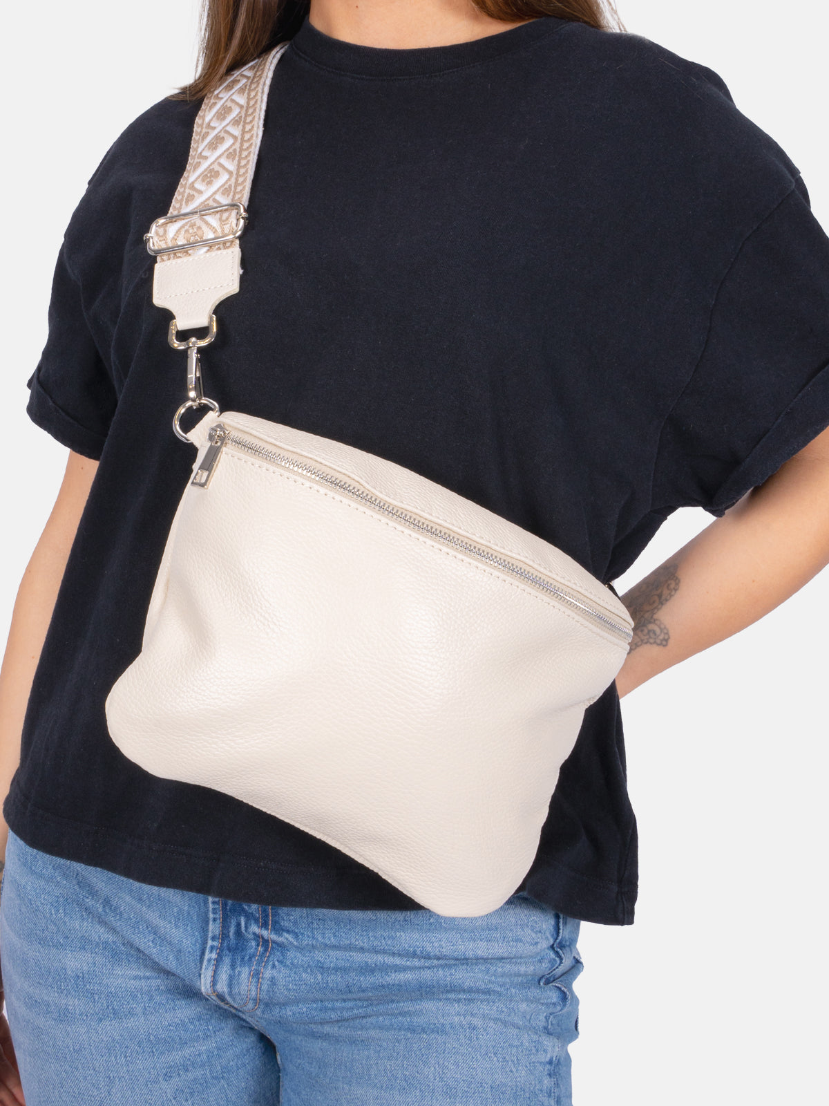 Große Umhängetasche Crossbody aus 100% Leder - creme - Rona