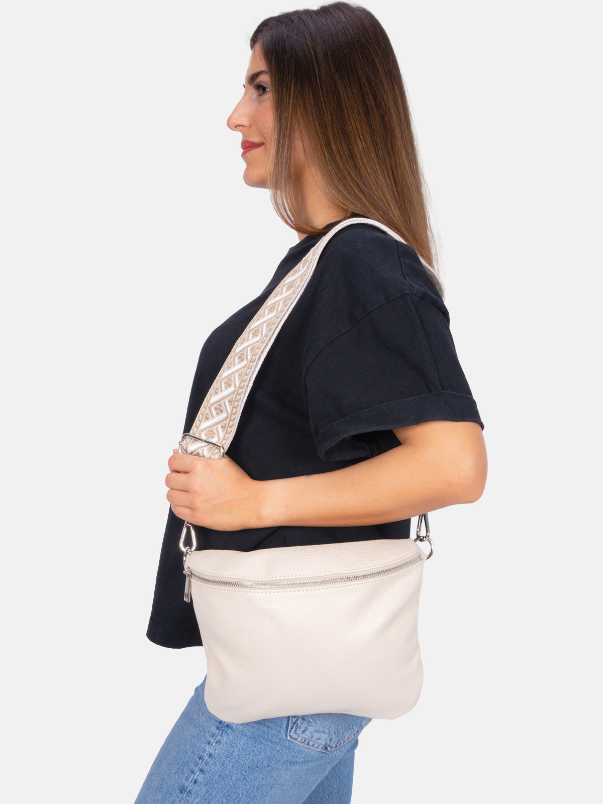 Große Umhängetasche Crossbody aus 100% Leder - creme - Rona