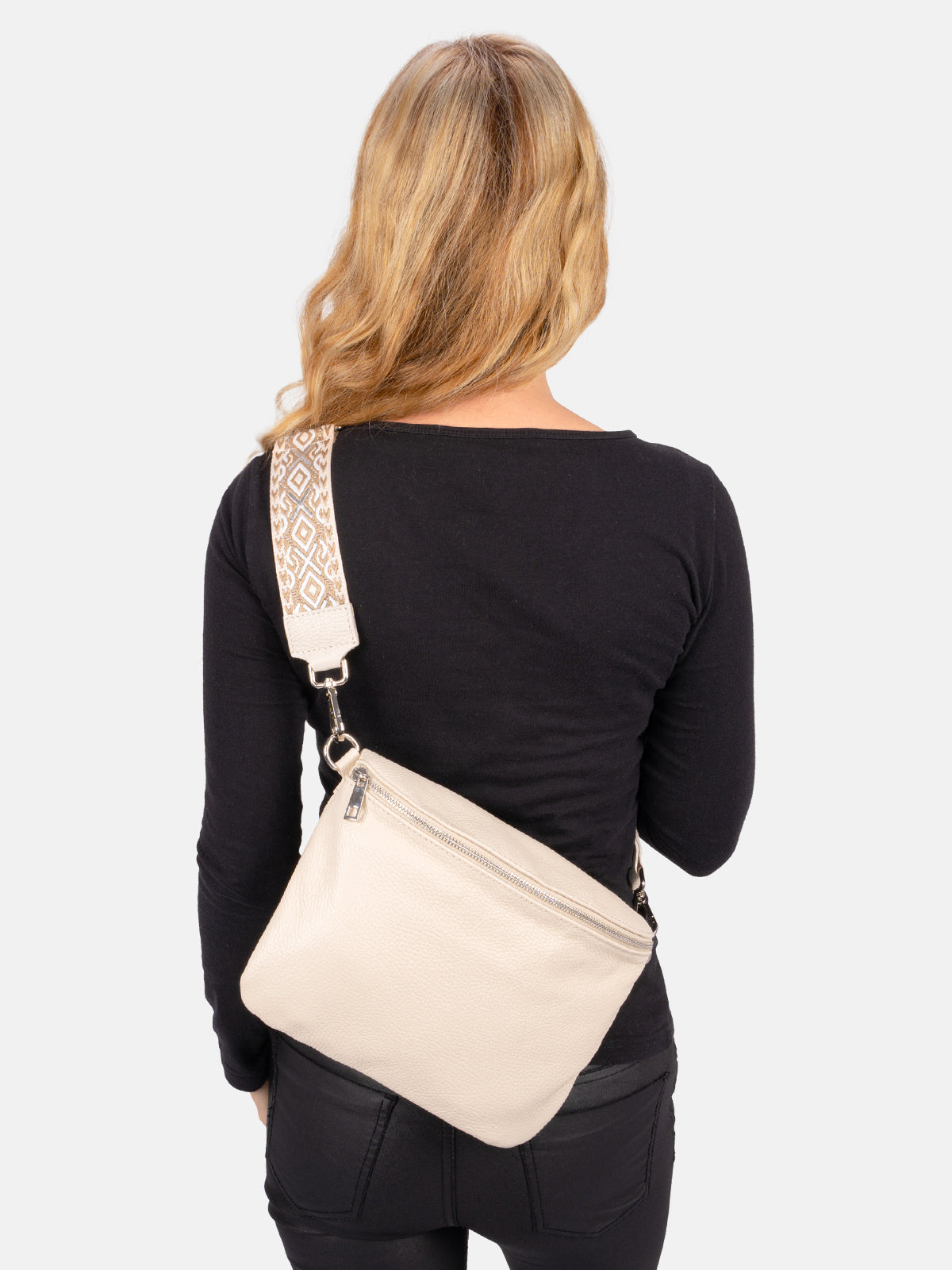 Große Umhängetasche Crossbody aus 100% Leder - creme 2 - Rona FF