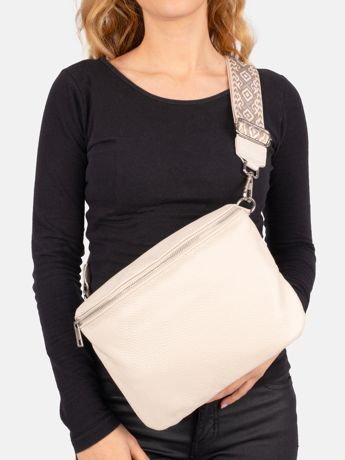 Große Umhängetasche Crossbody aus 100% Leder - creme 2 - Rona FF