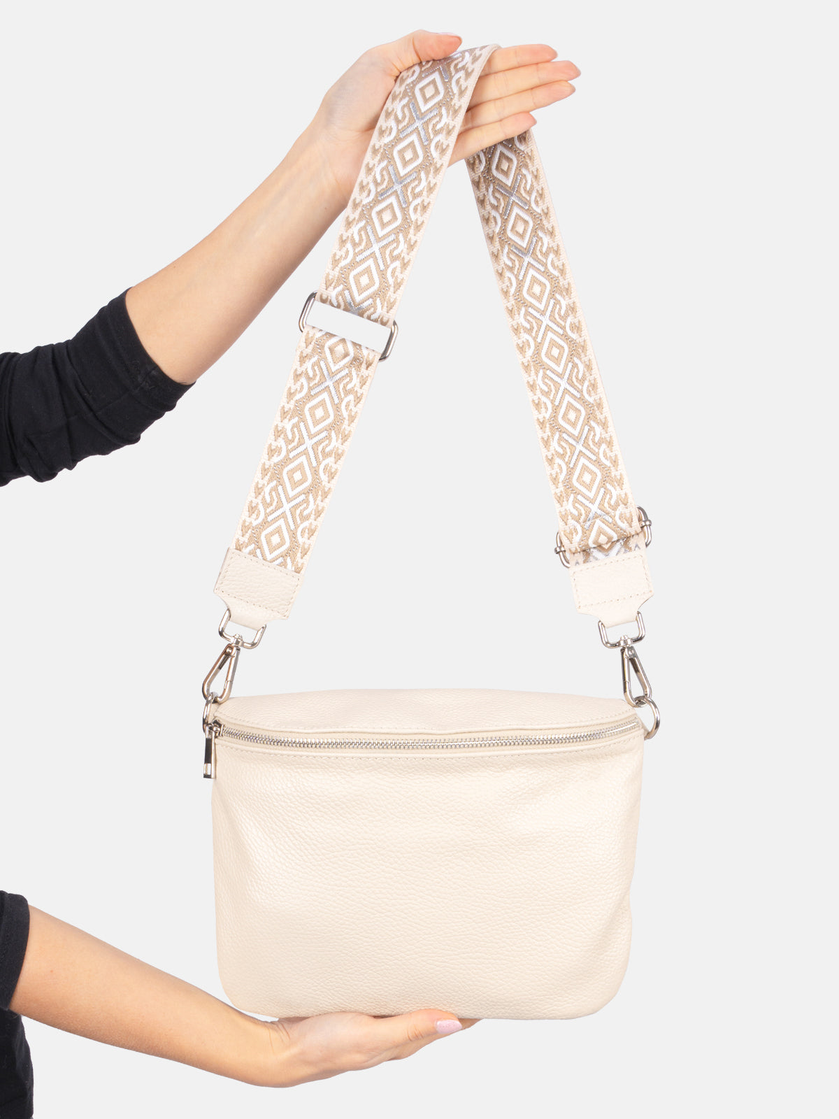 Große Umhängetasche Crossbody aus 100% Leder - creme 2 - Rona FF