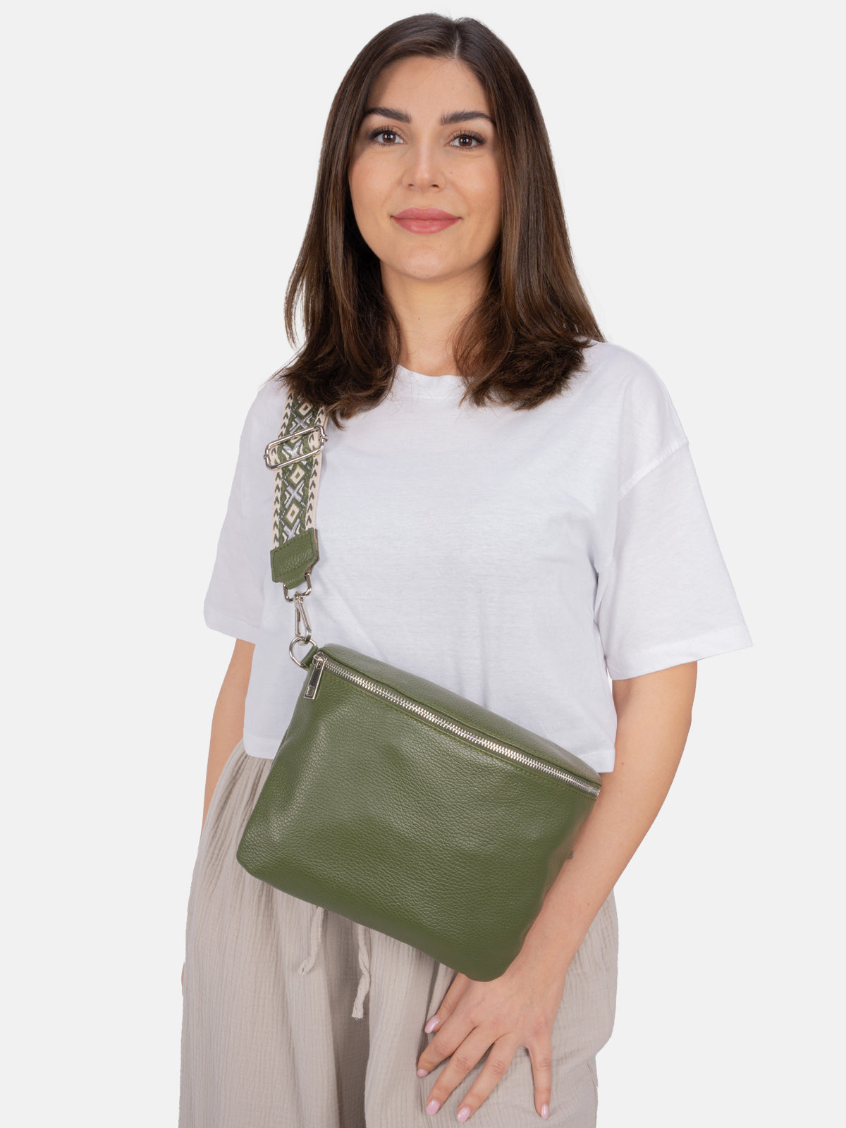 Große Umhängetasche Crossbody aus 100% Leder - olivgrün - Rona