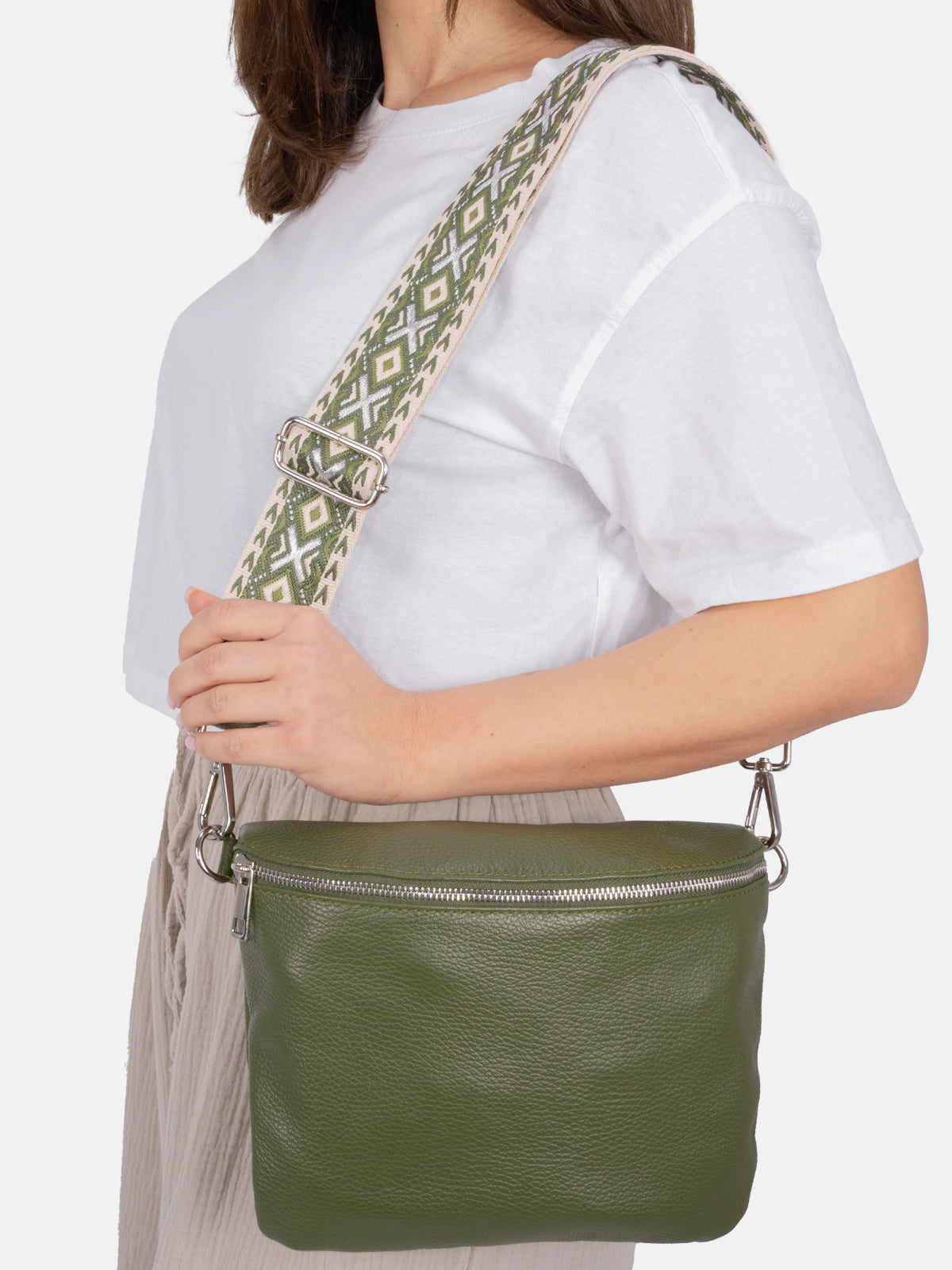 Große Umhängetasche Crossbody aus 100% Leder - olivgrün - Rona
