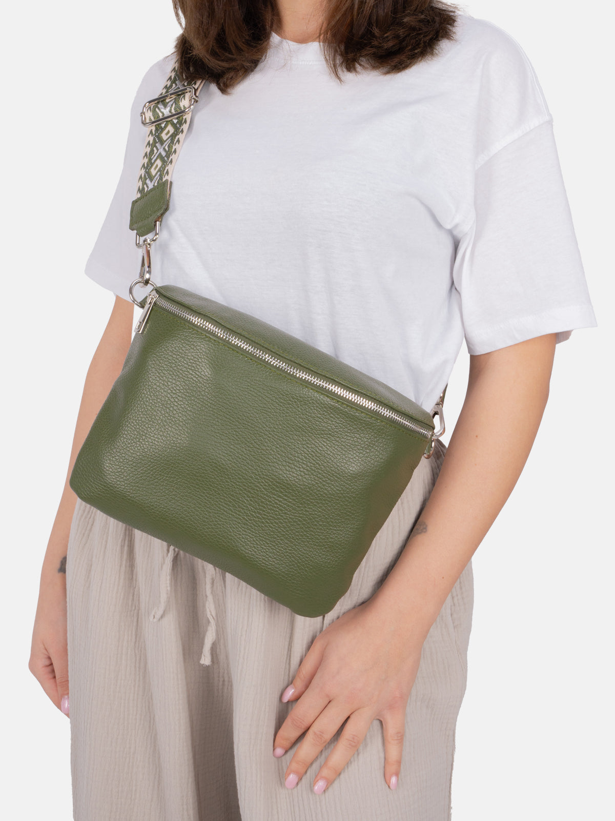 Große Umhängetasche Crossbody aus 100% Leder - olivgrün - Rona