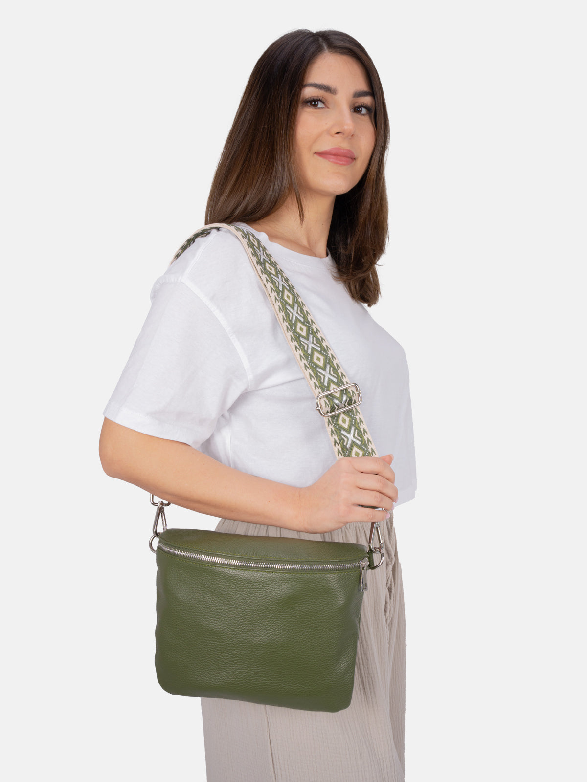 Große Umhängetasche Crossbody aus 100% Leder - olivgrün - Rona