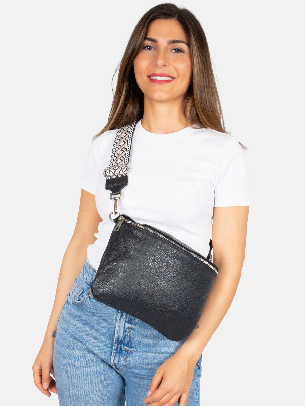 Große Umhängetasche Crossbody aus 100% Leder - schwarz - Rona