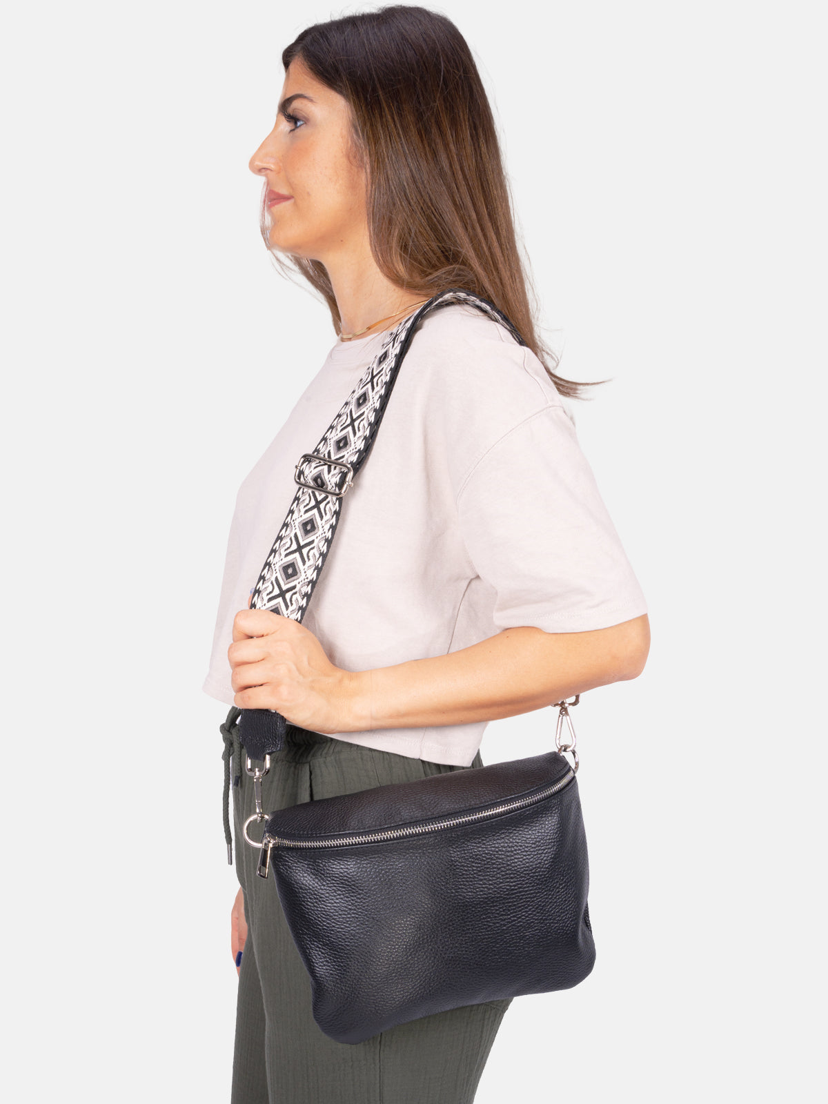 Große Umhängetasche Crossbody aus 100% Leder - schwarz 2 - Rona BB