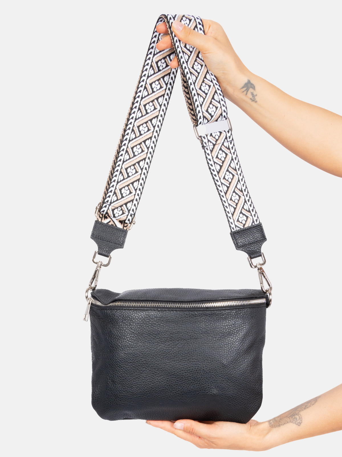 Große Umhängetasche Crossbody aus 100% Leder - schwarz - Rona