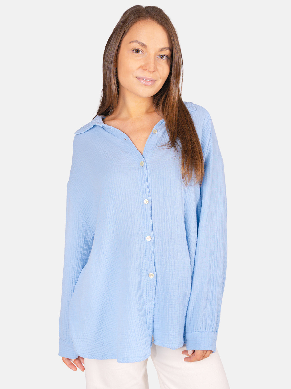 Kurze Musselin Hemdbluse mit Knöpfen - babyblau - Sasha