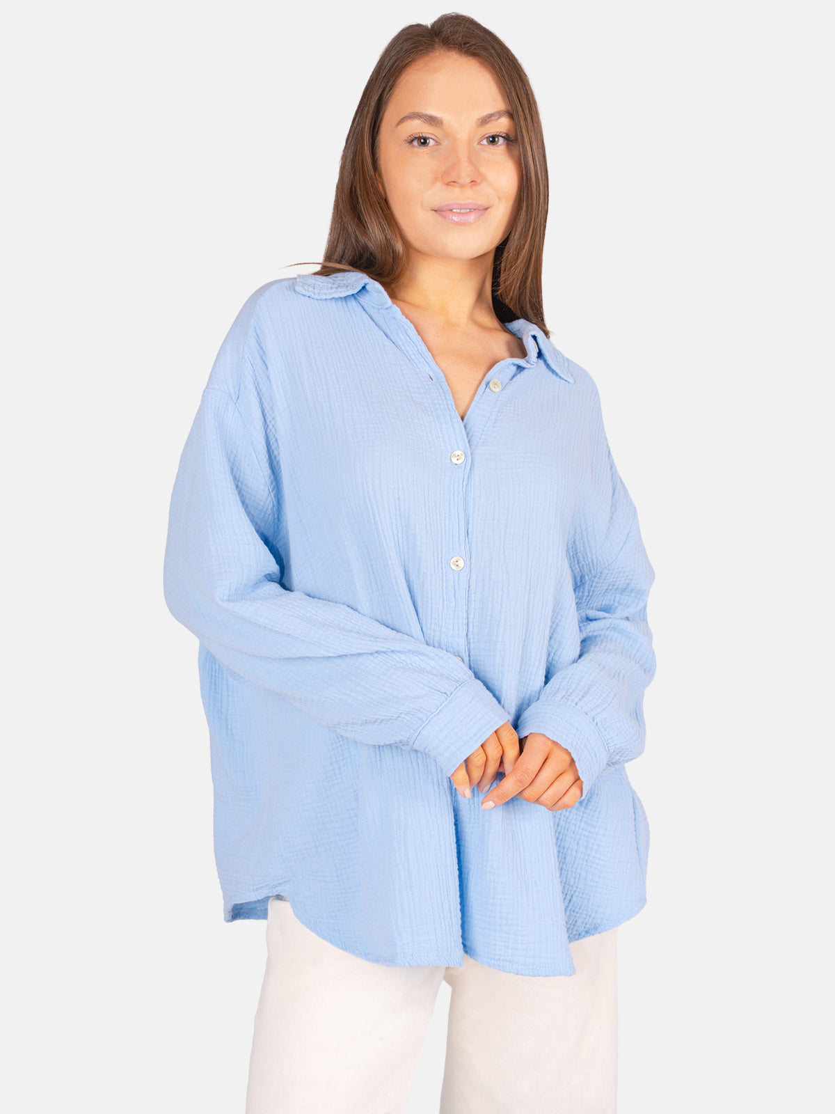 Kurze Musselin Hemdbluse mit Knöpfen - babyblau - Sasha