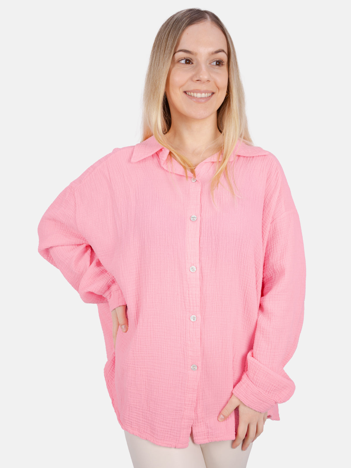 Kurze Musselin Hemdbluse mit Knöpfen - light pink - Sasha