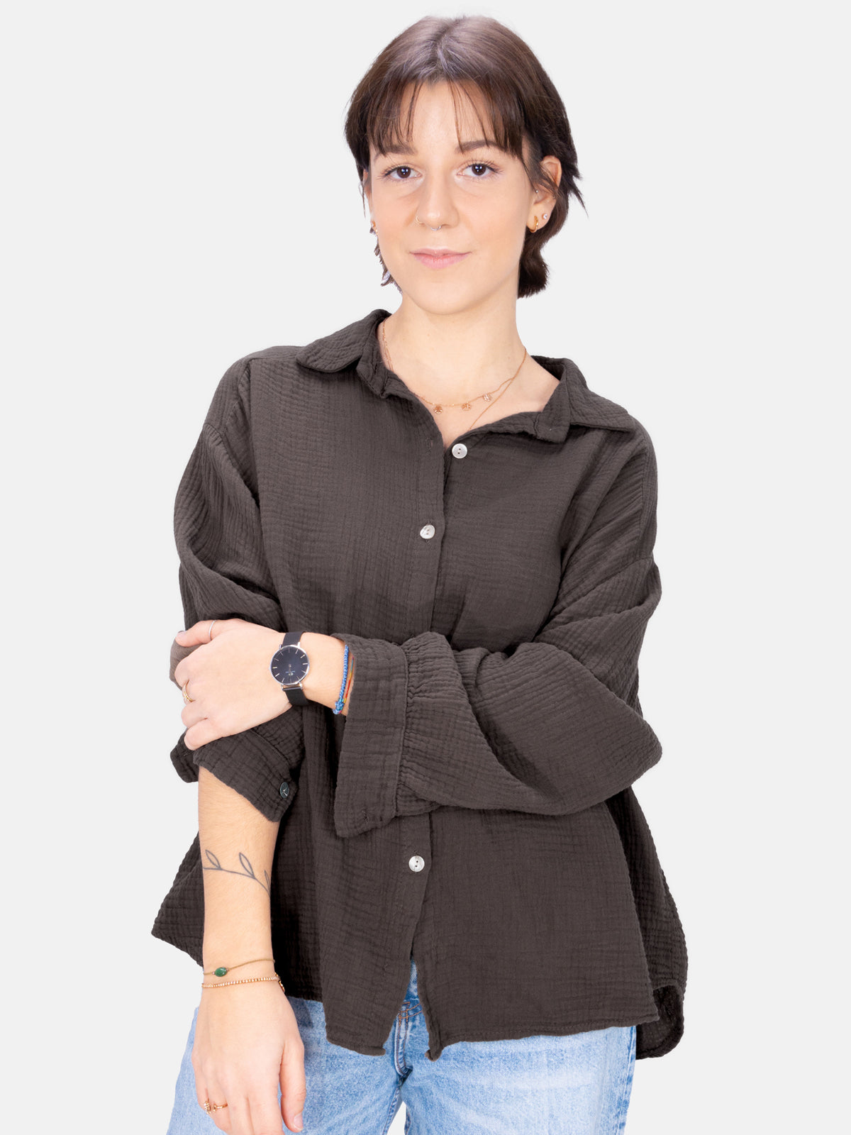 Kurze Musselin Hemdbluse mit Knöpfen - mokka - Sasha