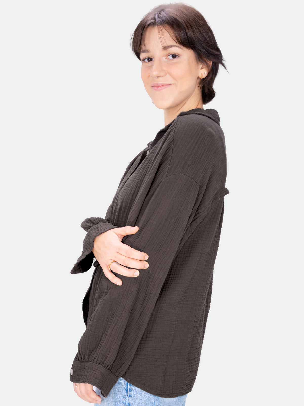 Kurze Musselin Hemdbluse mit Knöpfen - mokka - Sasha