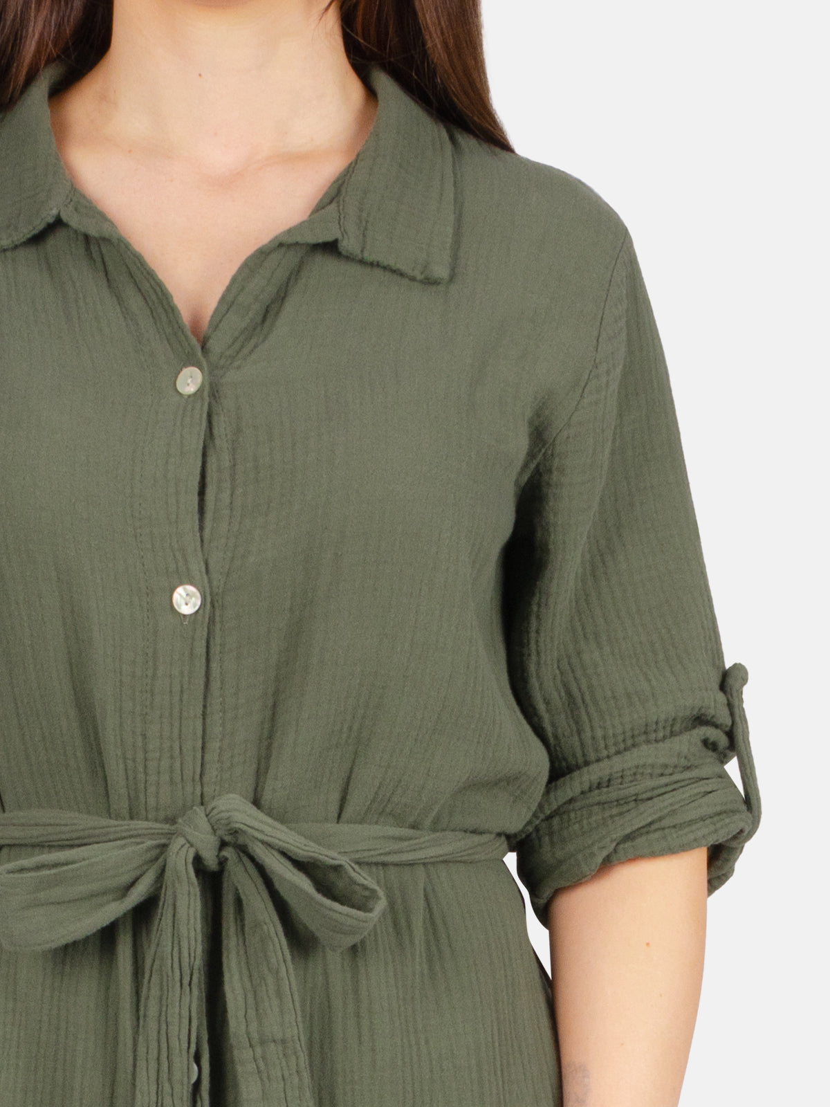 Langes Musselinkleid mit Bindegürtel - dark khaki - Victoria