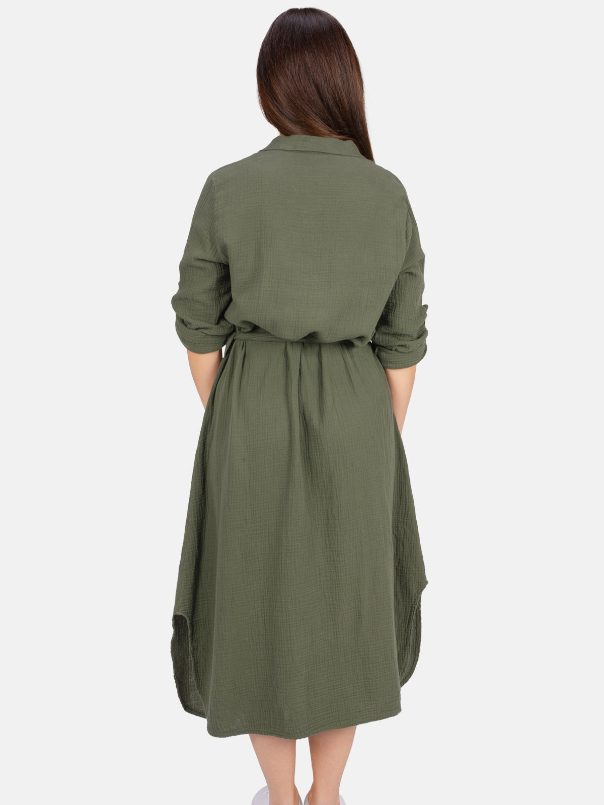 Langes Musselinkleid mit Bindegürtel - dark khaki - Victoria