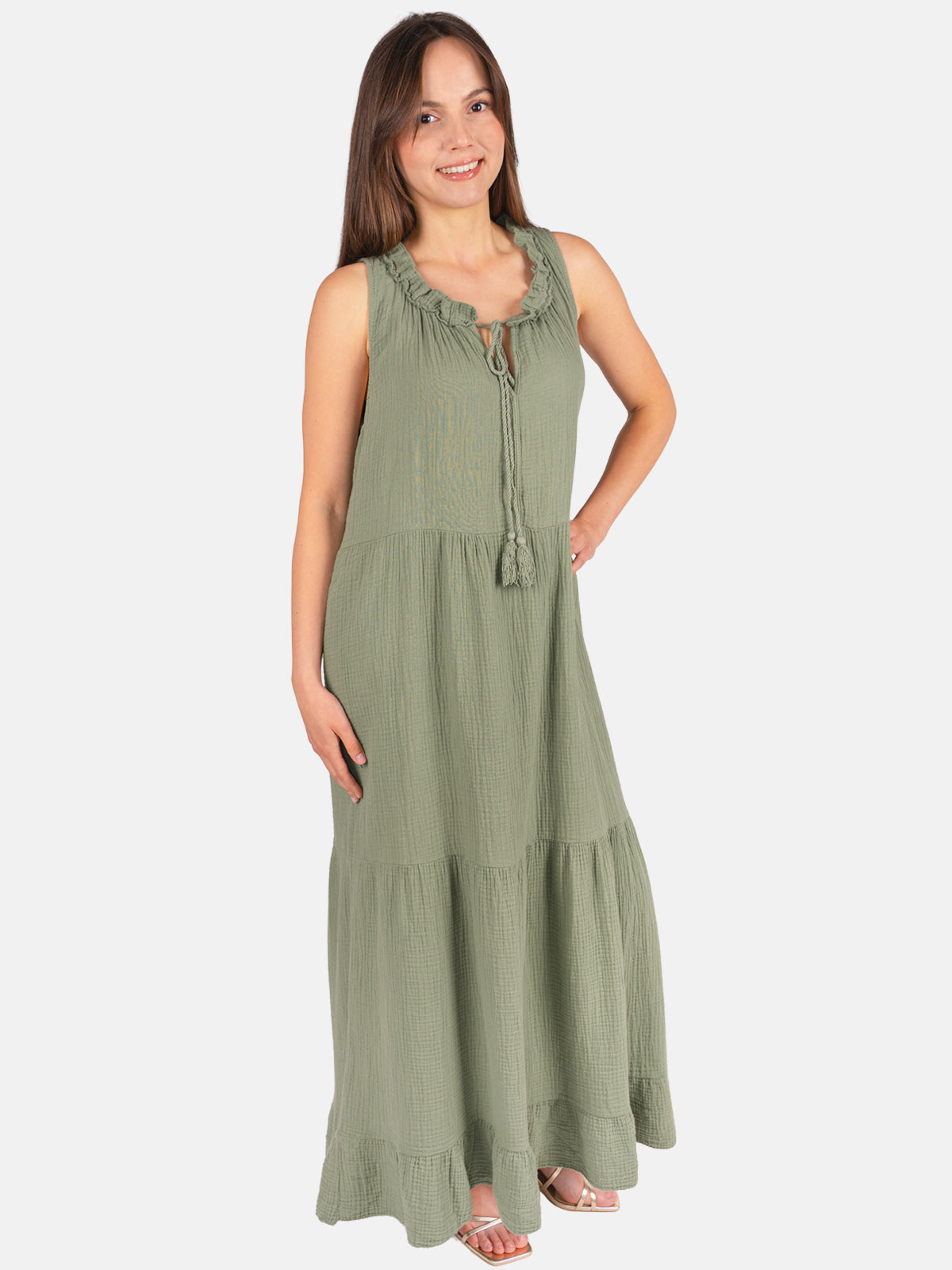 Musselin Maxikleid mit Tasseln - Viola in Khaki #Farbe_Khaki