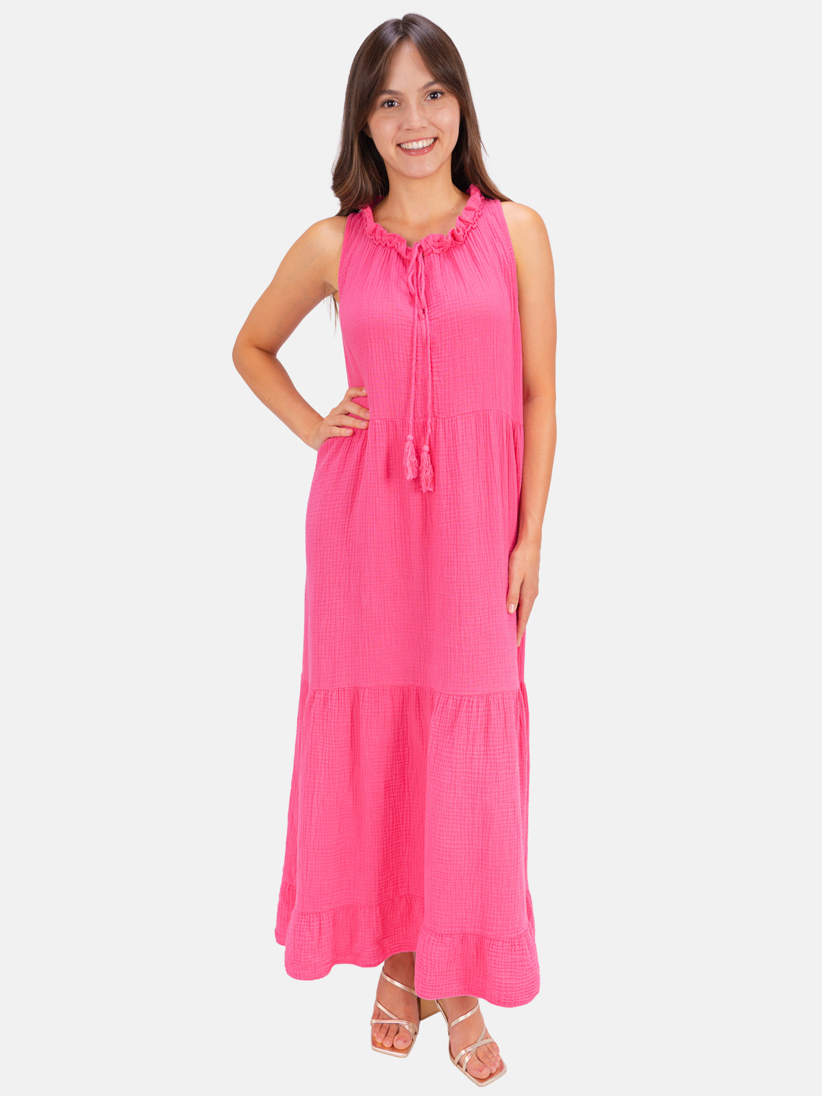 Musselin Maxikleid mit Tasseln - Viola in Pink #Farbe_Pink