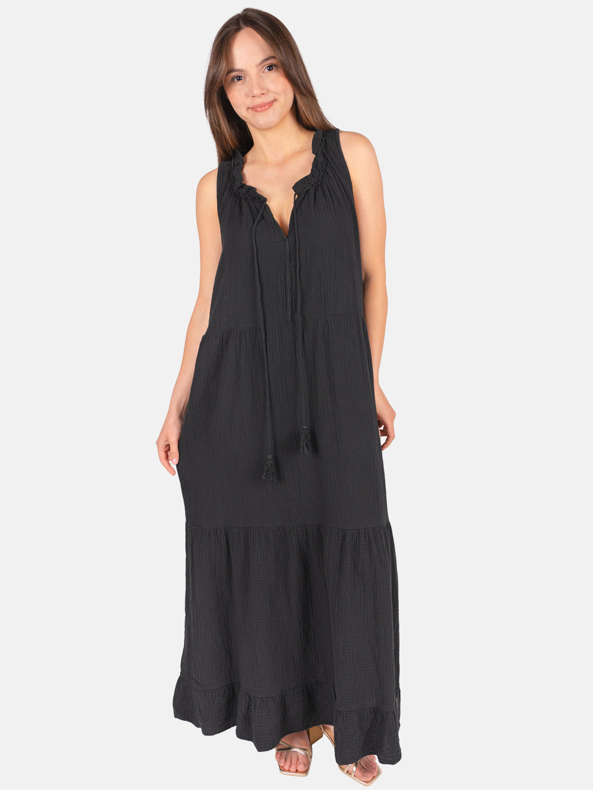 Musselin Maxikleid mit Tasseln - Viola in Schwarz #Farbe_Schwarz
