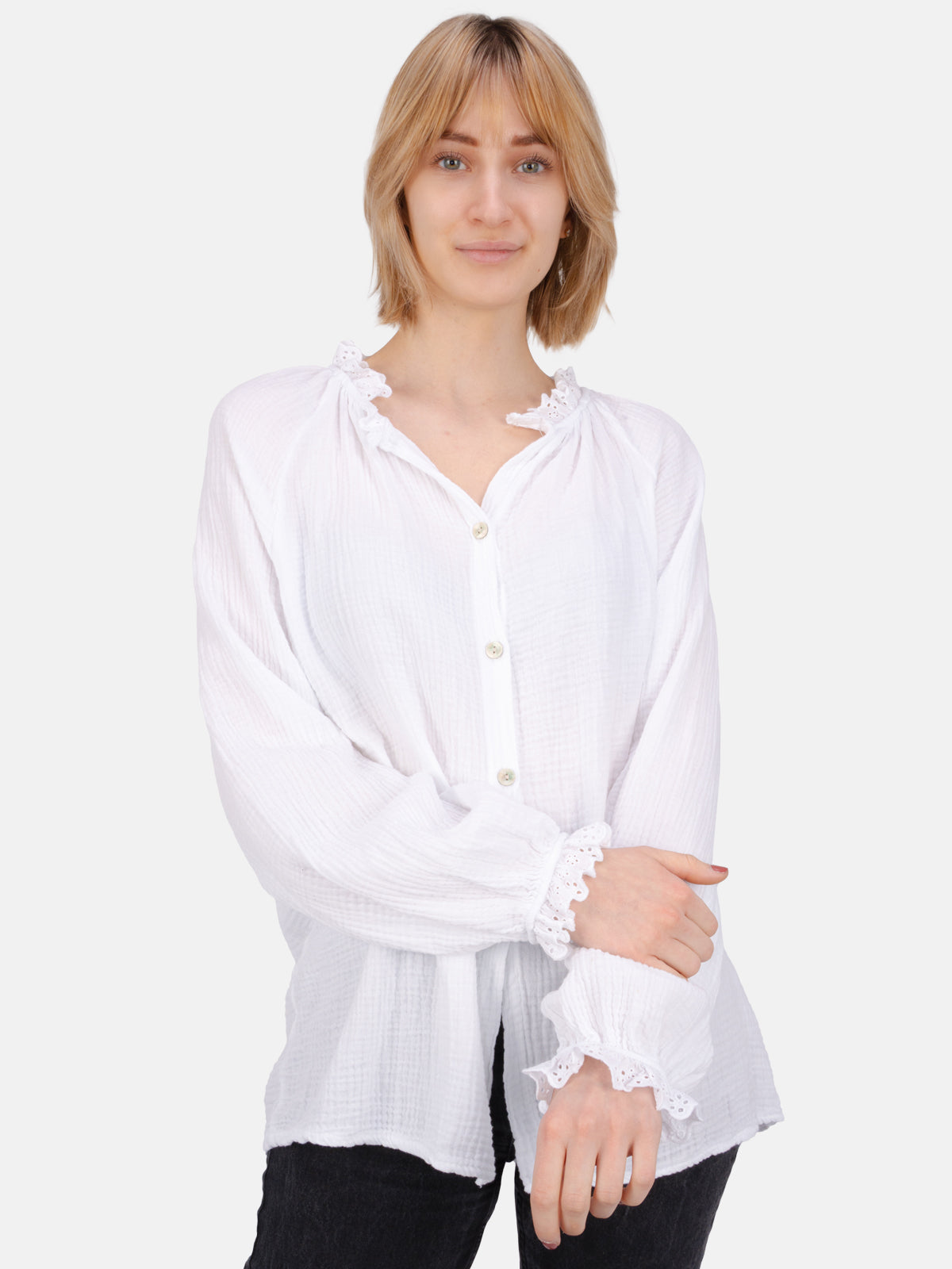 Musselinbluse mit Spitze/Rüsche - Emma