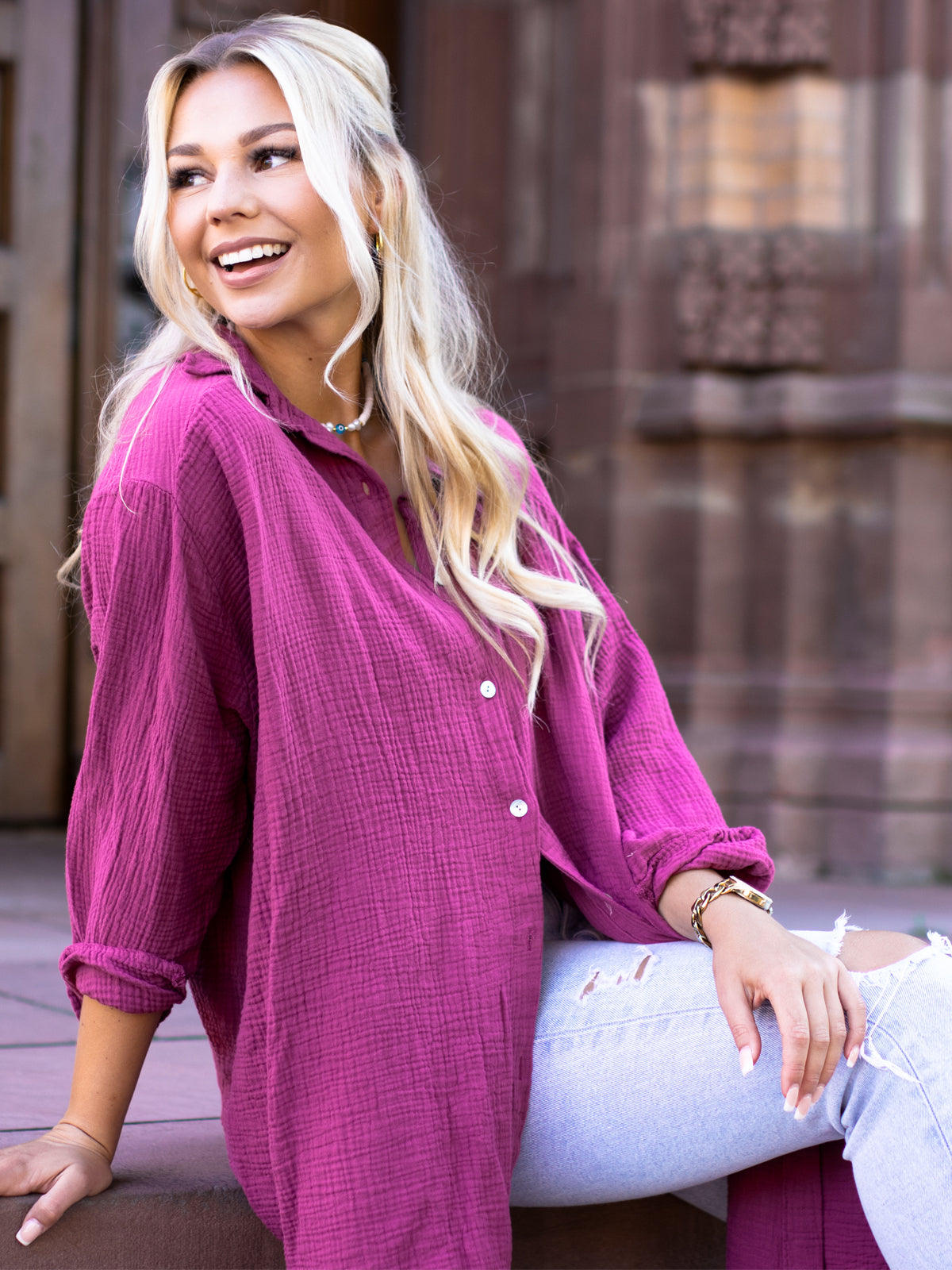 Lange Musselin Hemdbluse mit Knöpfen - mehrere Farben - Becka 2.0