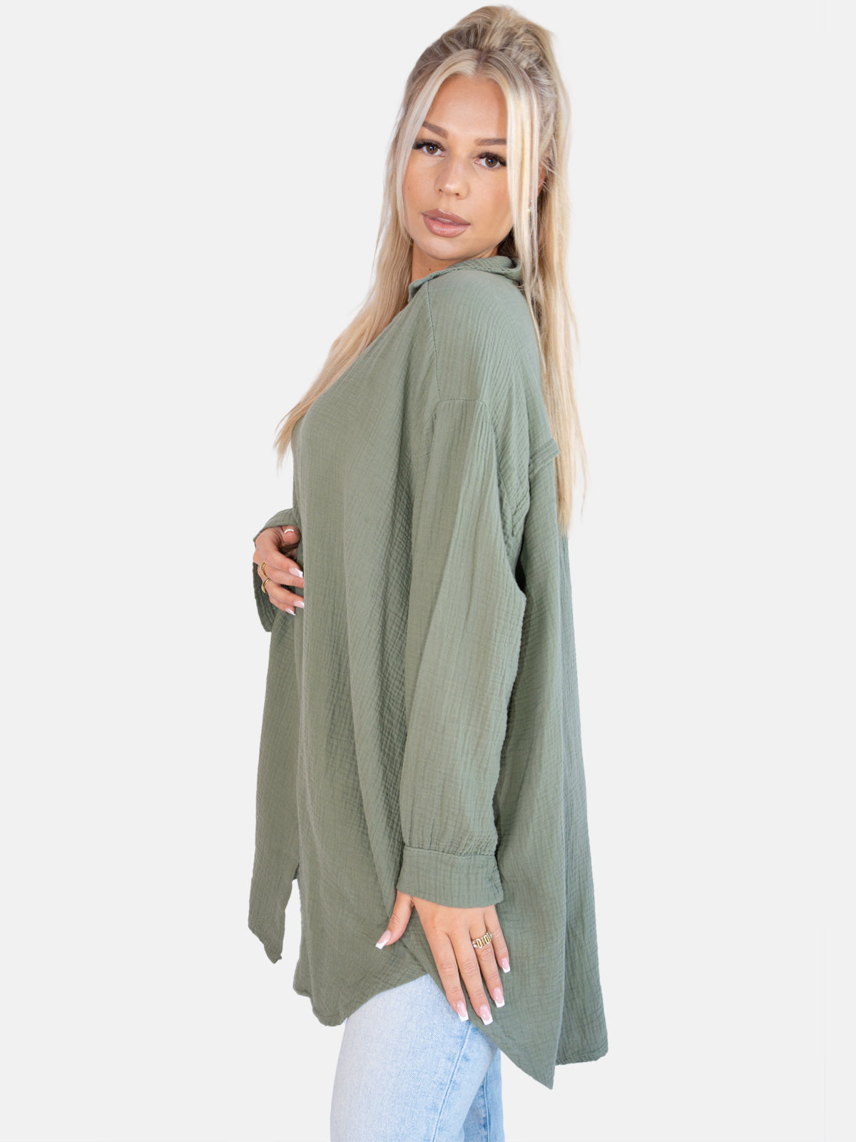 Lange Musselin Hemdbluse mit Knöpfen - kaki - Becka