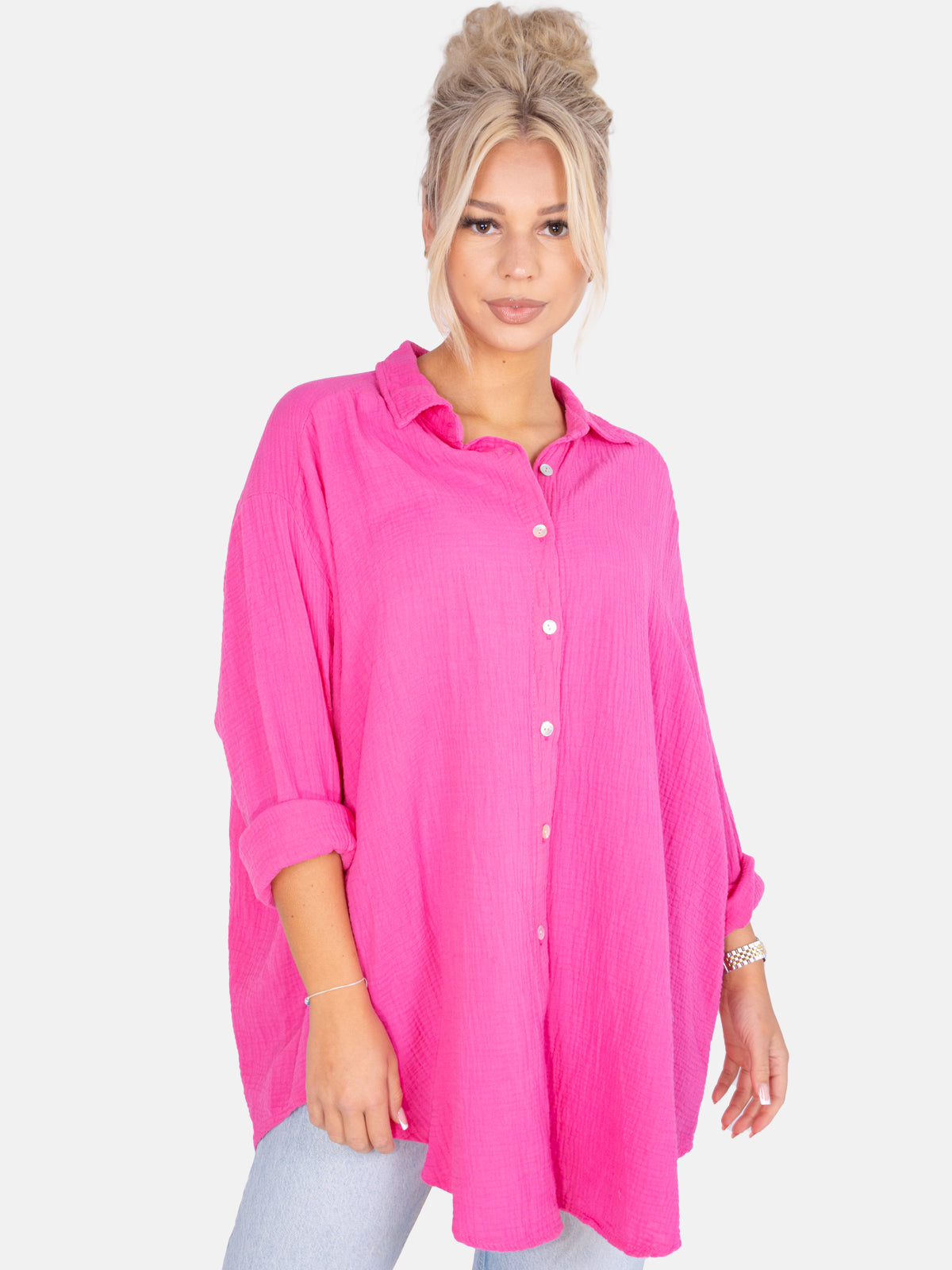 Lange Musselin Hemdbluse mit Knöpfen - pink - Becka