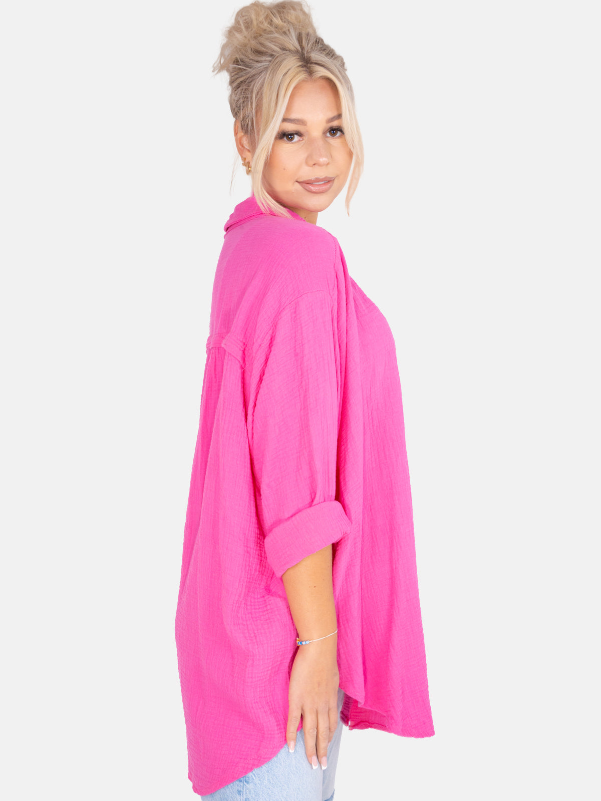 Lange Musselin Hemdbluse mit Knöpfen - pink - Becka