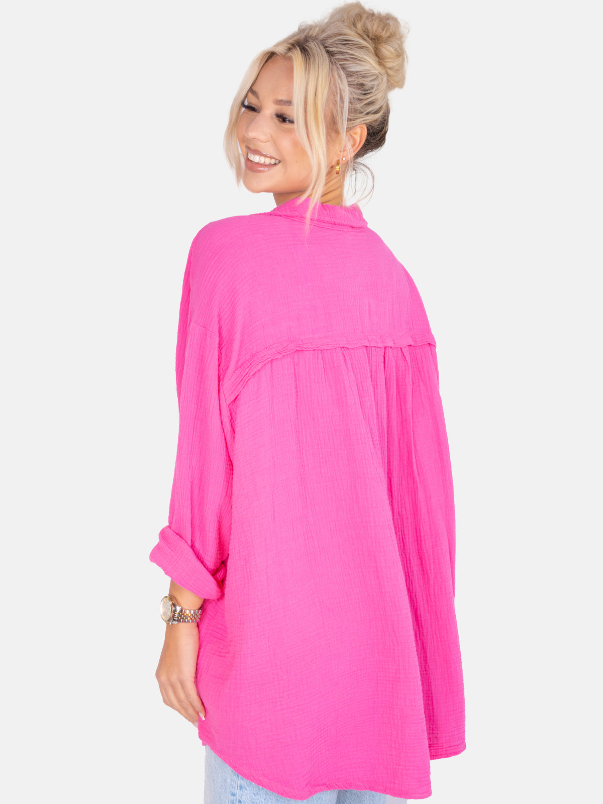 Lange Musselin Hemdbluse mit Knöpfen - pink - Becka