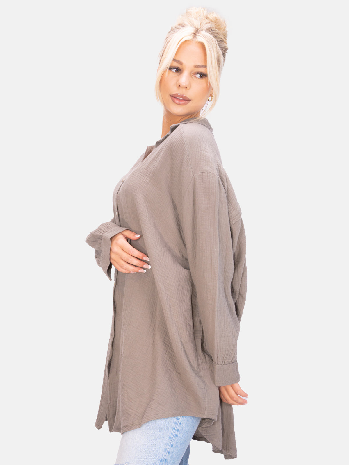 Lange Musselin Hemdbluse mit Knöpfen - taupe - Becka