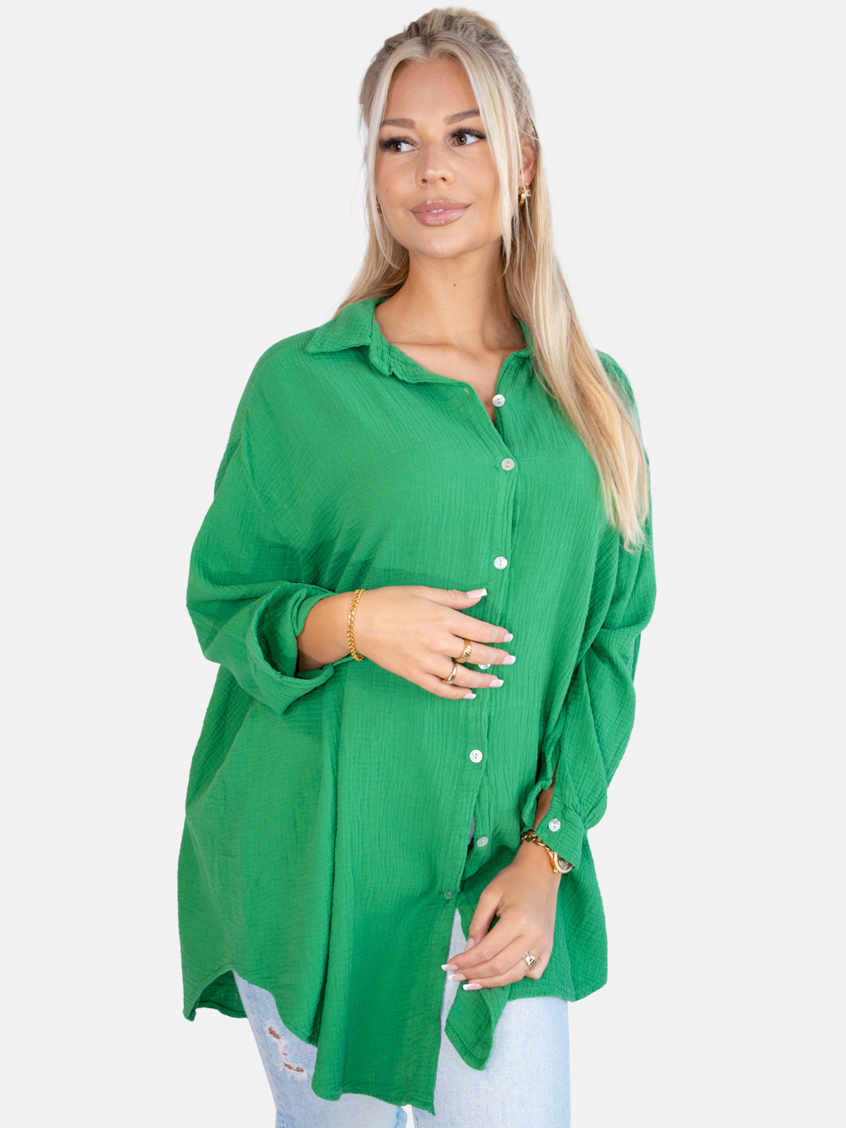 Lange Musselin Hemdbluse mit Knöpfen - mehrere Farben - Becka 2.0