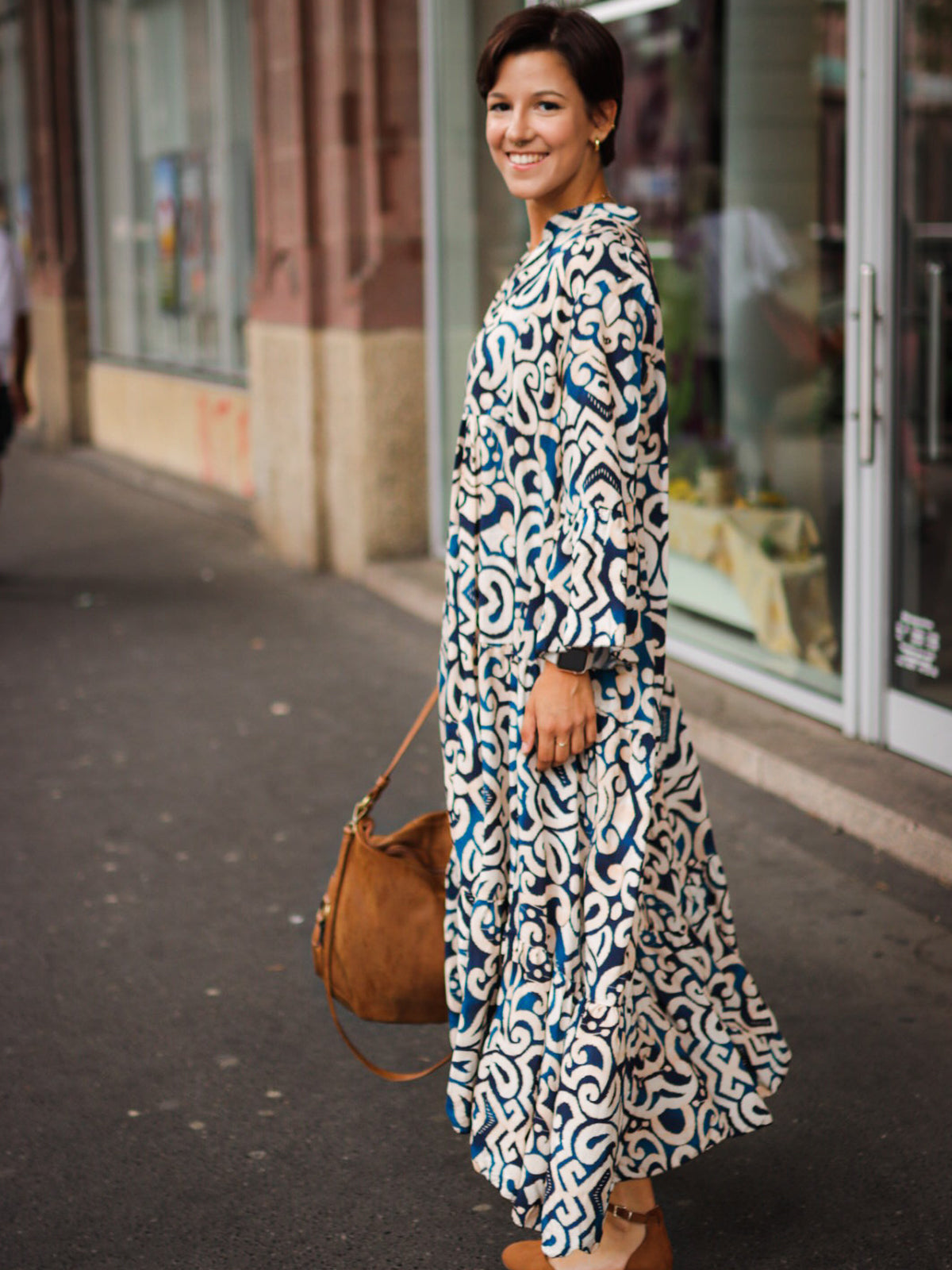 Langes geknöpftes Kleid - dunkelblau beige - Daisy