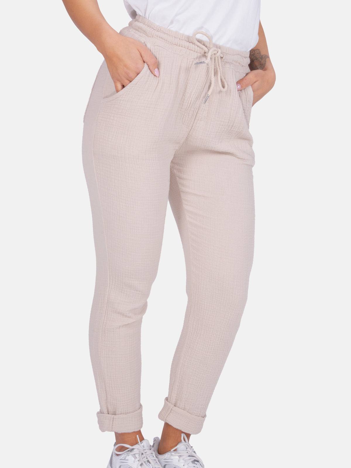 Sportliche lange Musselin Hose im Jogger Stil mit elastischem Bund - Eva