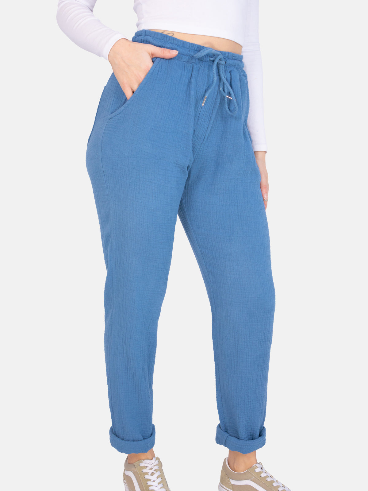 Sportliche lange Musselin Hose im Jogger Stil mit elastischem Bund - Eva