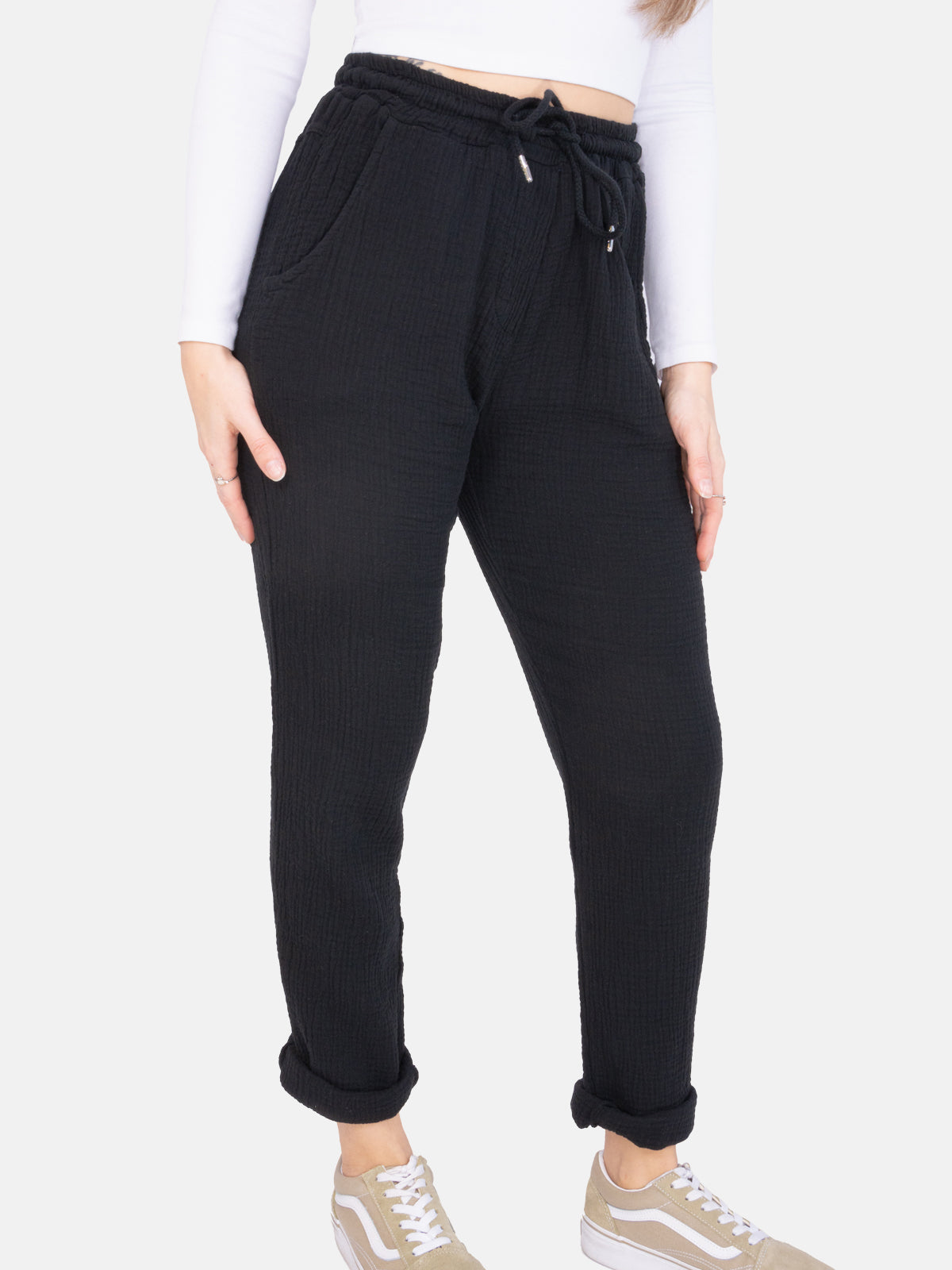 Sportliche lange Musselin Hose im Jogger Stil mit elastischem Bund - Eva