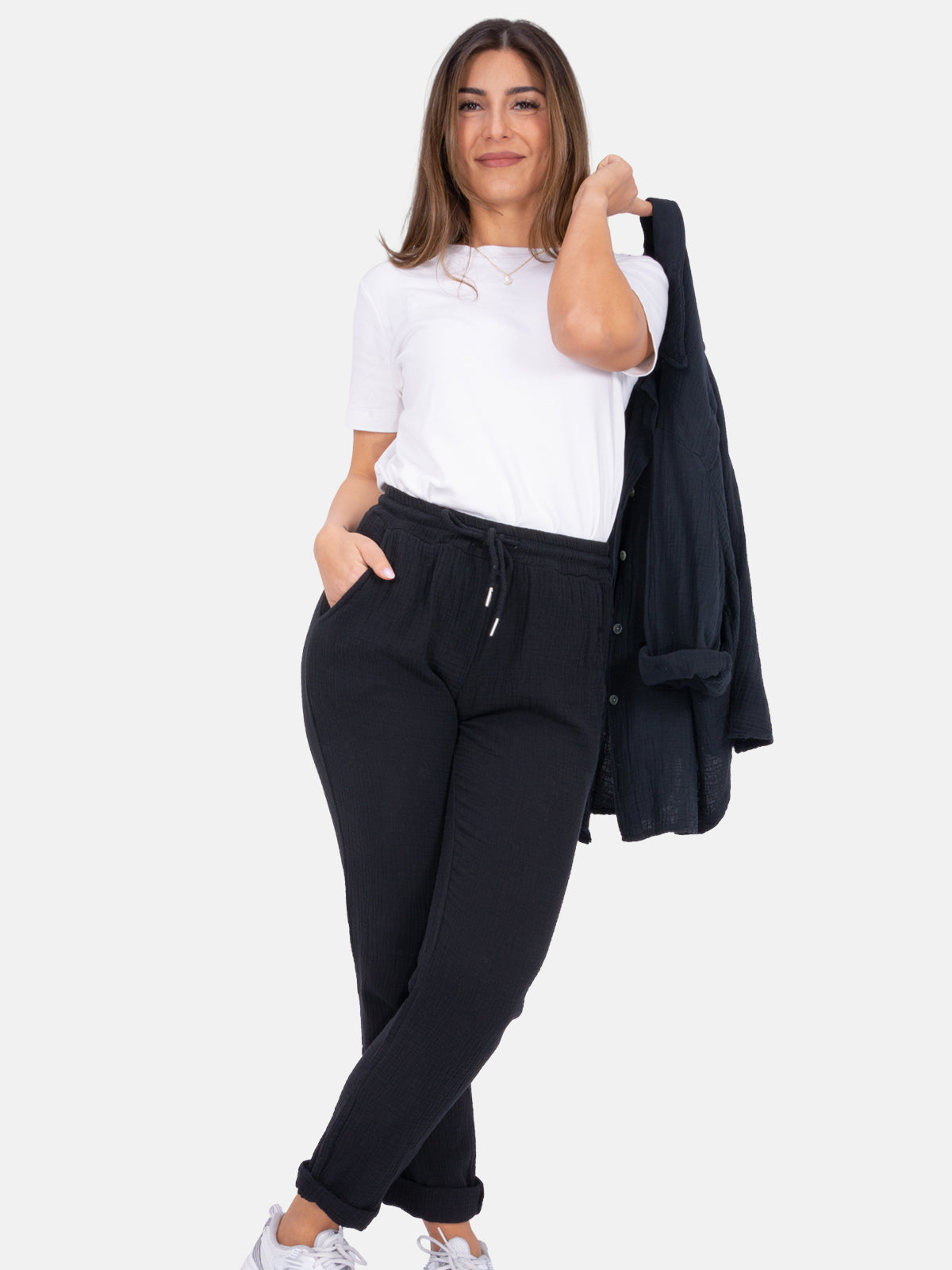 Sportliche lange Musselin Hose im Jogger Stil mit elastischem Bund - Eva