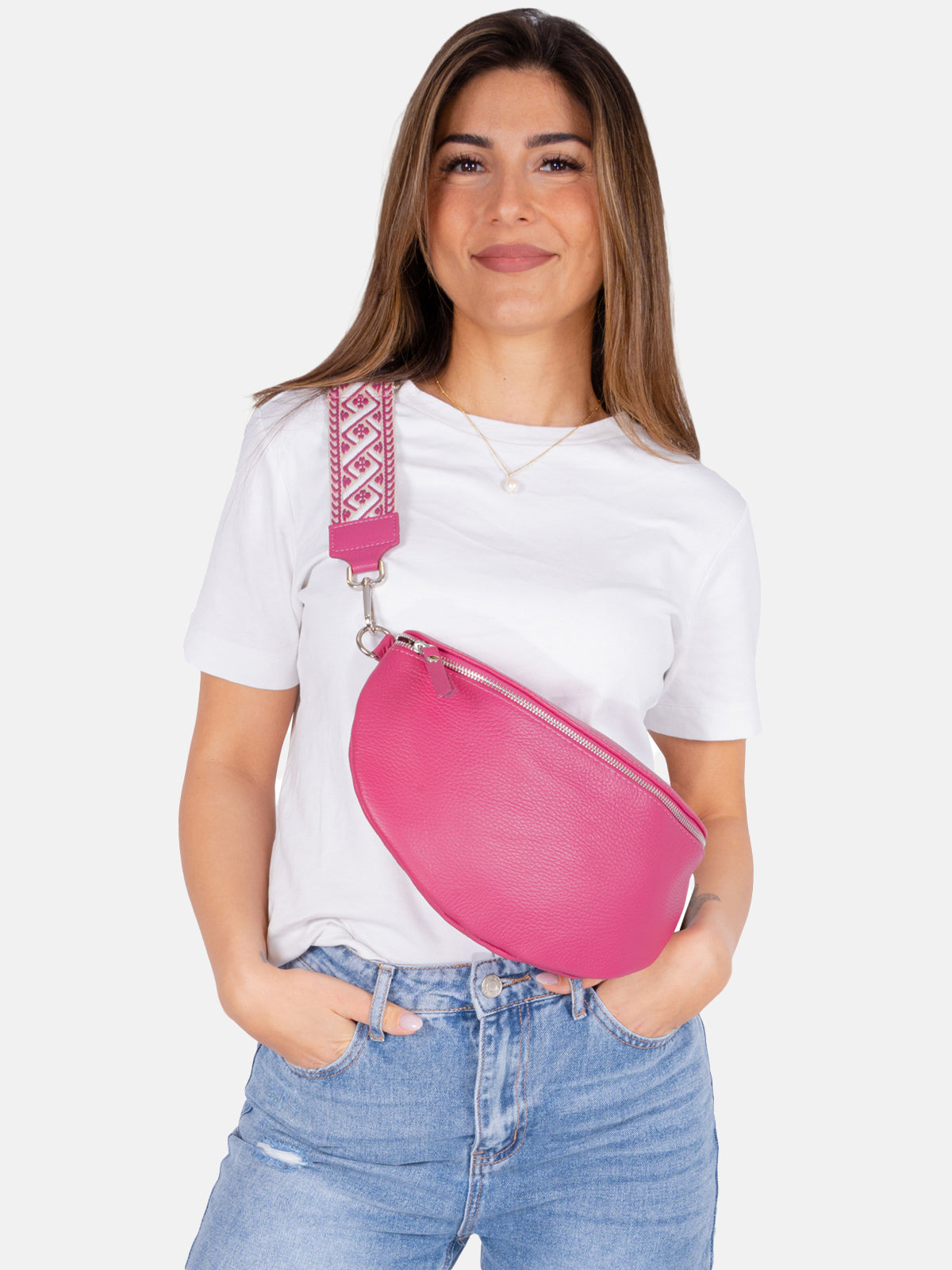 Große Crossbody Gürteltasche aus 100% Leder - pink - Jaime