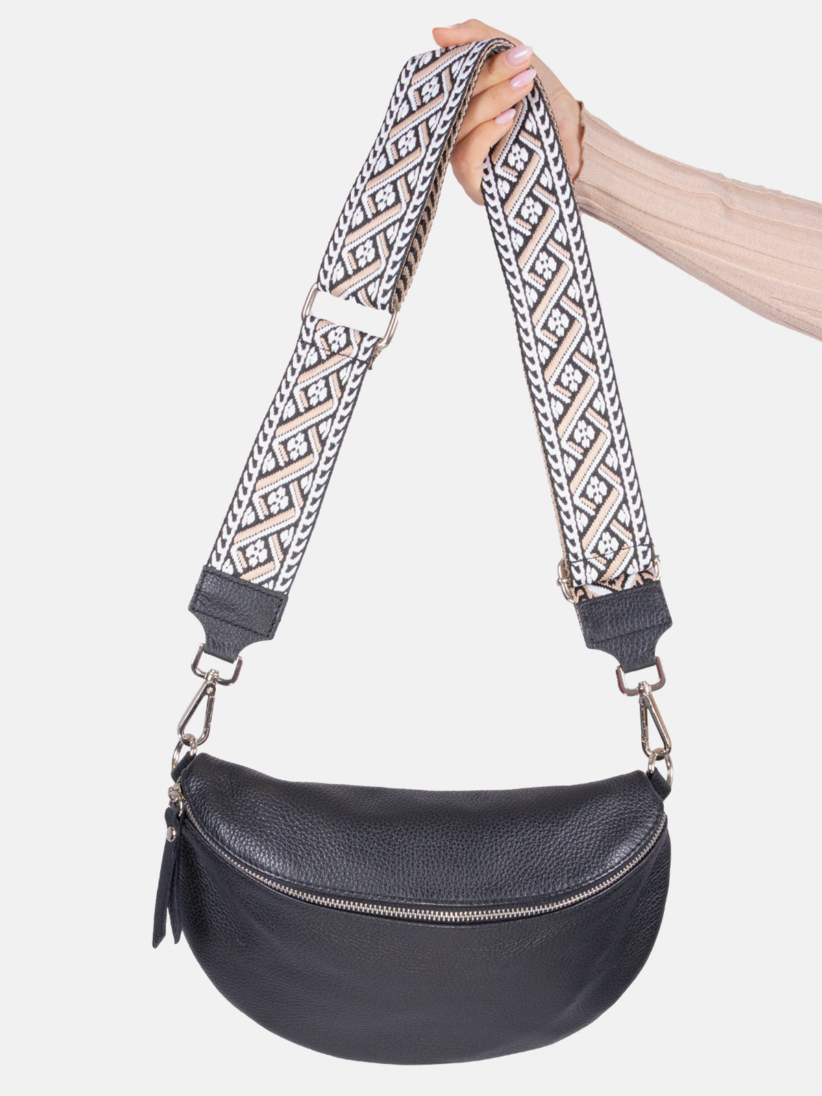 Große Crossbody Gürteltasche aus 100% Leder - schwarz - Jaime