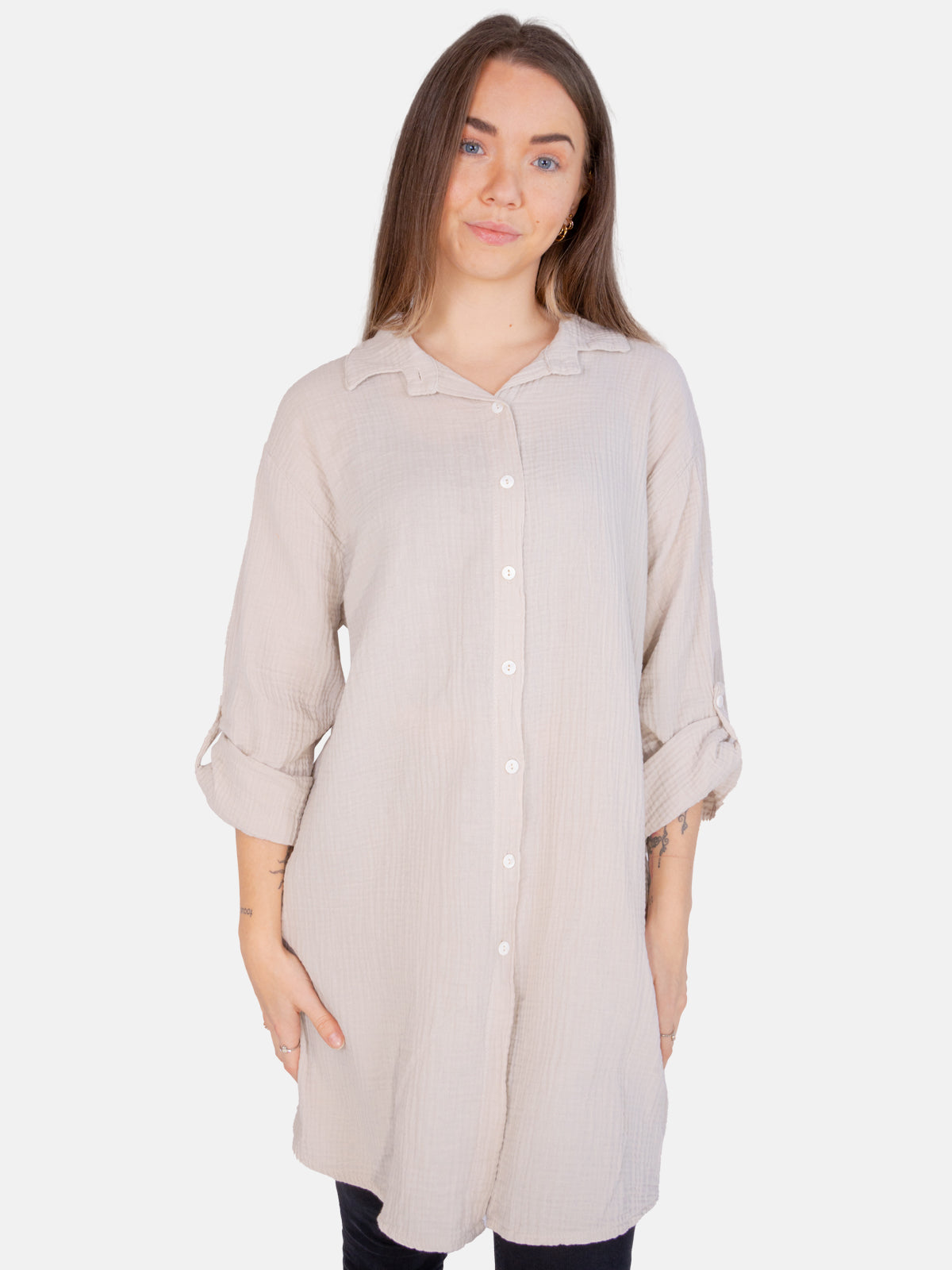 Musselinbluse mit Knopfverschluss & Taschen - beige - Jessy