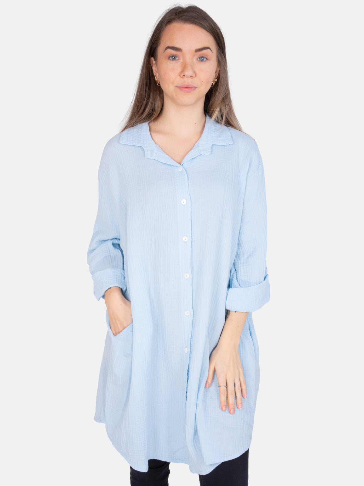 Musselinbluse mit Knopfverschluss & Taschen - babyblau - Jessy