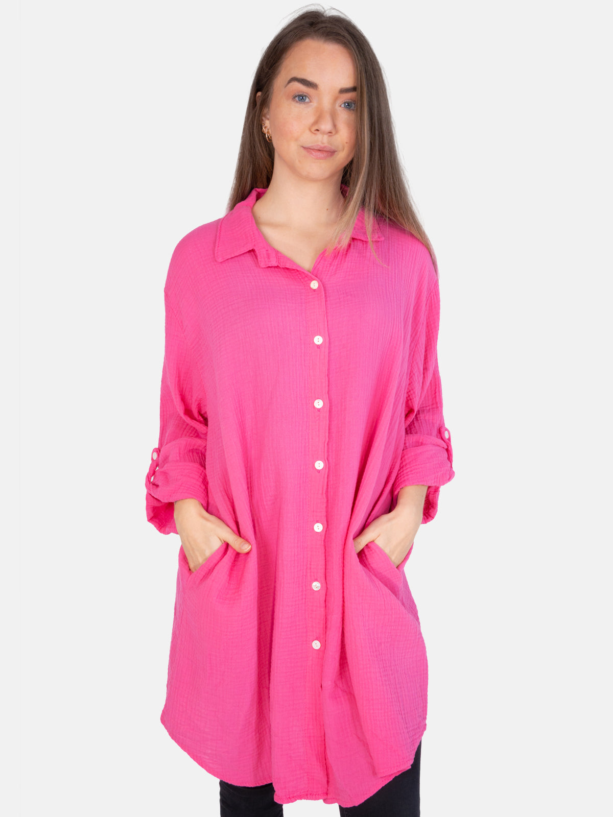 Musselinbluse mit Knopfverschluss & Taschen - pink - Jessy